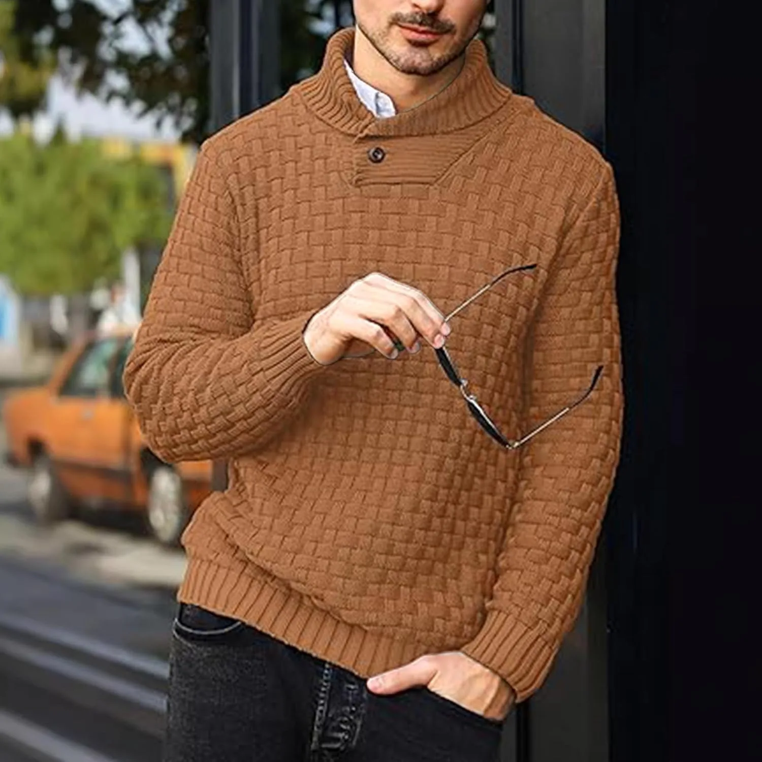 Мужской вязаный свитер с воротником-шалью Slim Fit — фото 4