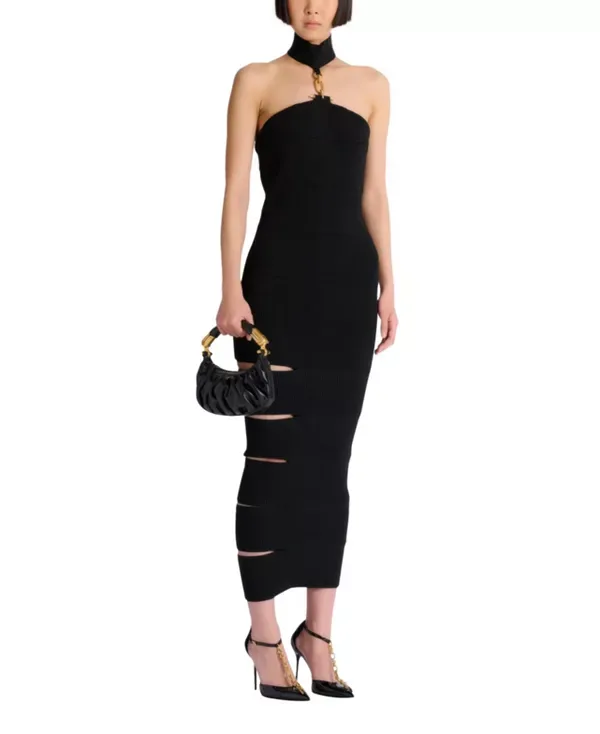 Длинное платье без рукавов с декоративной отделкой. Balmain, Black