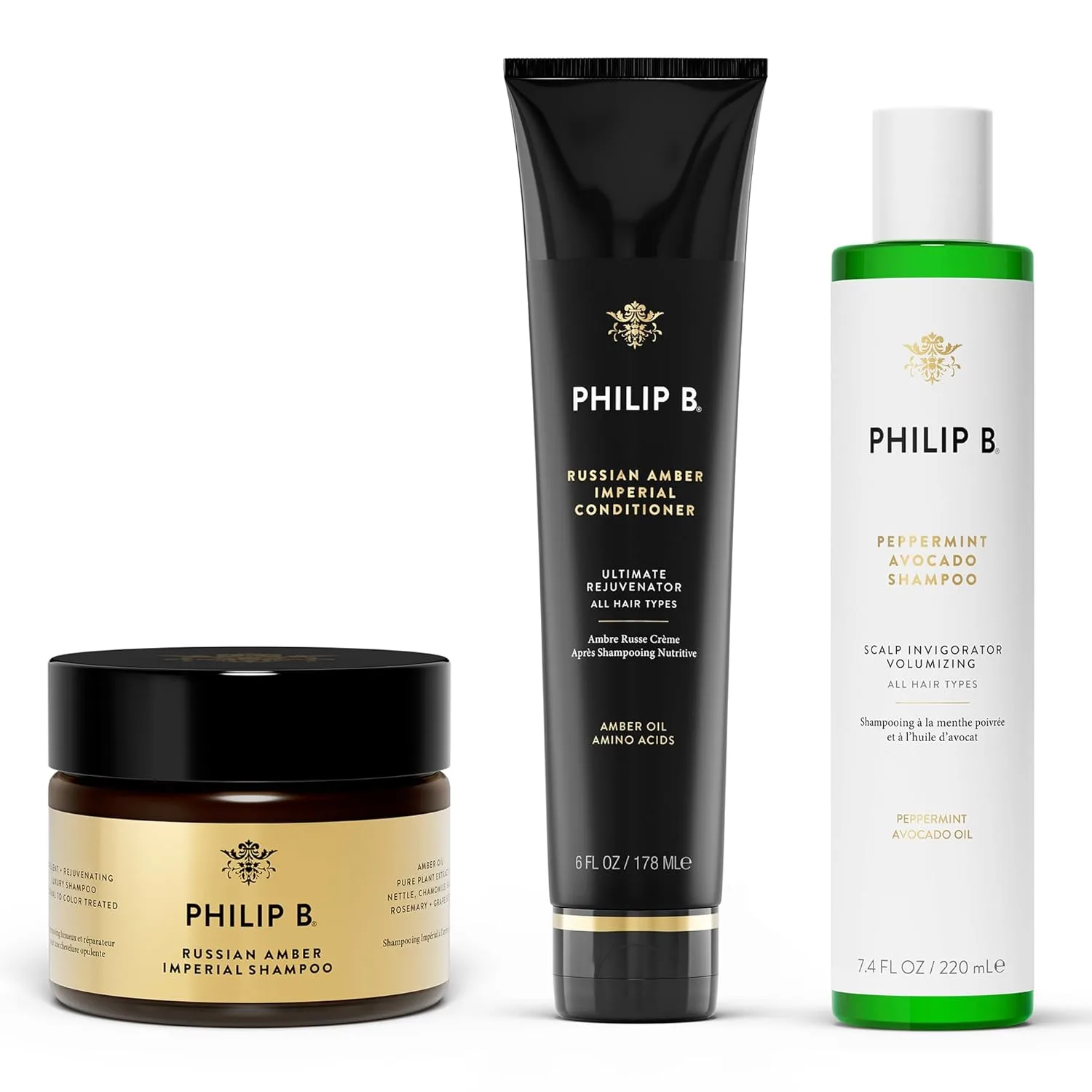 Набор PHILIP B Radiance Revival Bundle включает шампунь с мятой и авокадо (213 г), шампунь Russian Amber Imperial (354 г) и кондиционер (170 г).