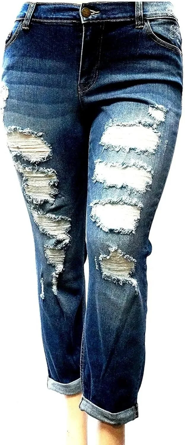 

Cello Womens Plus Size Ankle Skinny Basic Blue Denim Jeans Ripped Distressed Strech