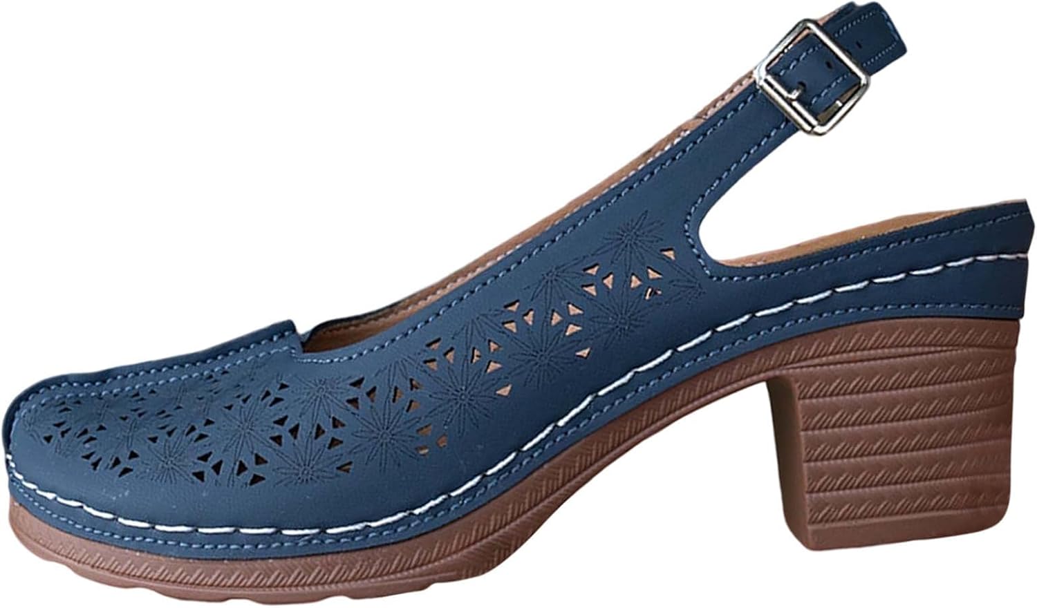 

Женские сандалии с вырезами, с массивным каблуком, широкие, с цветочным рисунком, удобные повседневные туфли, с регулируемым ремешком на щиколотке, на танкетке, противоскользящие, пляжные и уличные, летняя модная обувь Generic, синий