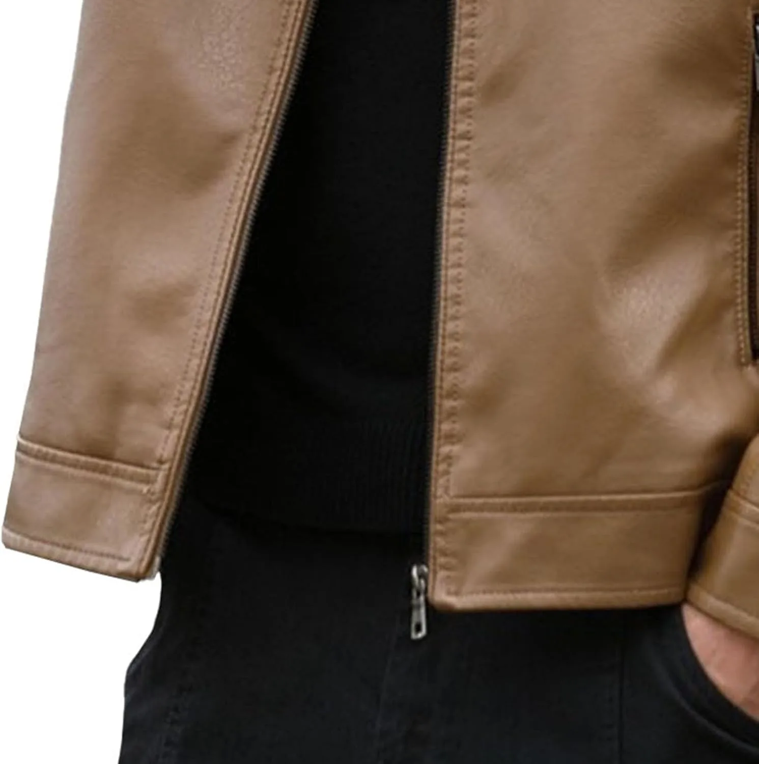 Generic Мужское кафе-рейсер пальто slim fit, мужская кожаная куртка со стойкой, мужская куртка из искусственной кожи со стойкой — фото 4