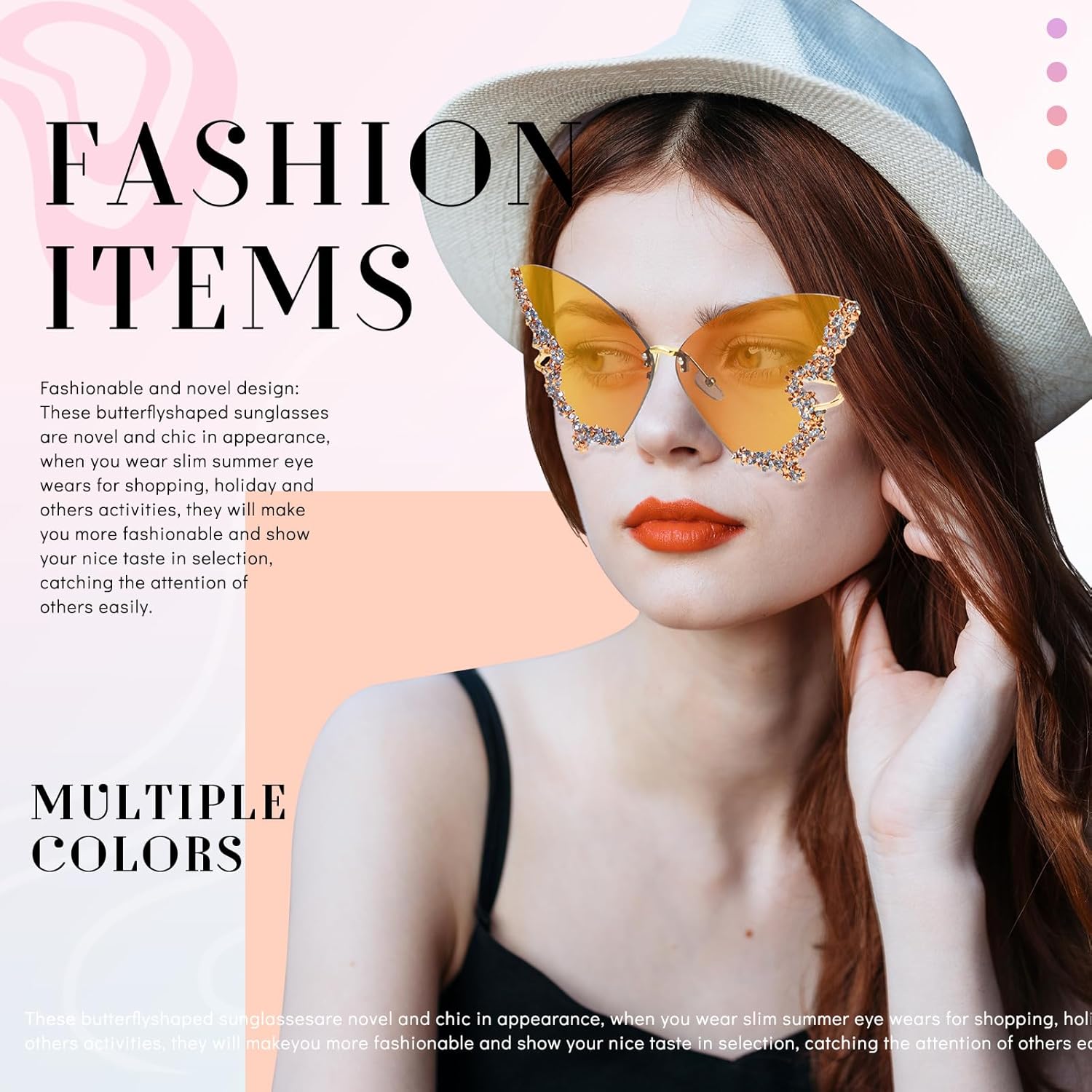 

Солнцезащитные очки Xuhal без оправы в форме бабочки, 4 пары, с блестками и стразами, модные градиентные солнцезащитные очки в форме бабочки для женщин, Pink, Yellow, Gray, Light Blue