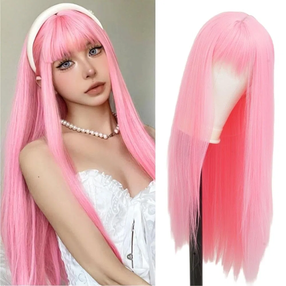 Женский длинный прямой розовый парик с челкой из синтетического волокна Siudus, Pink