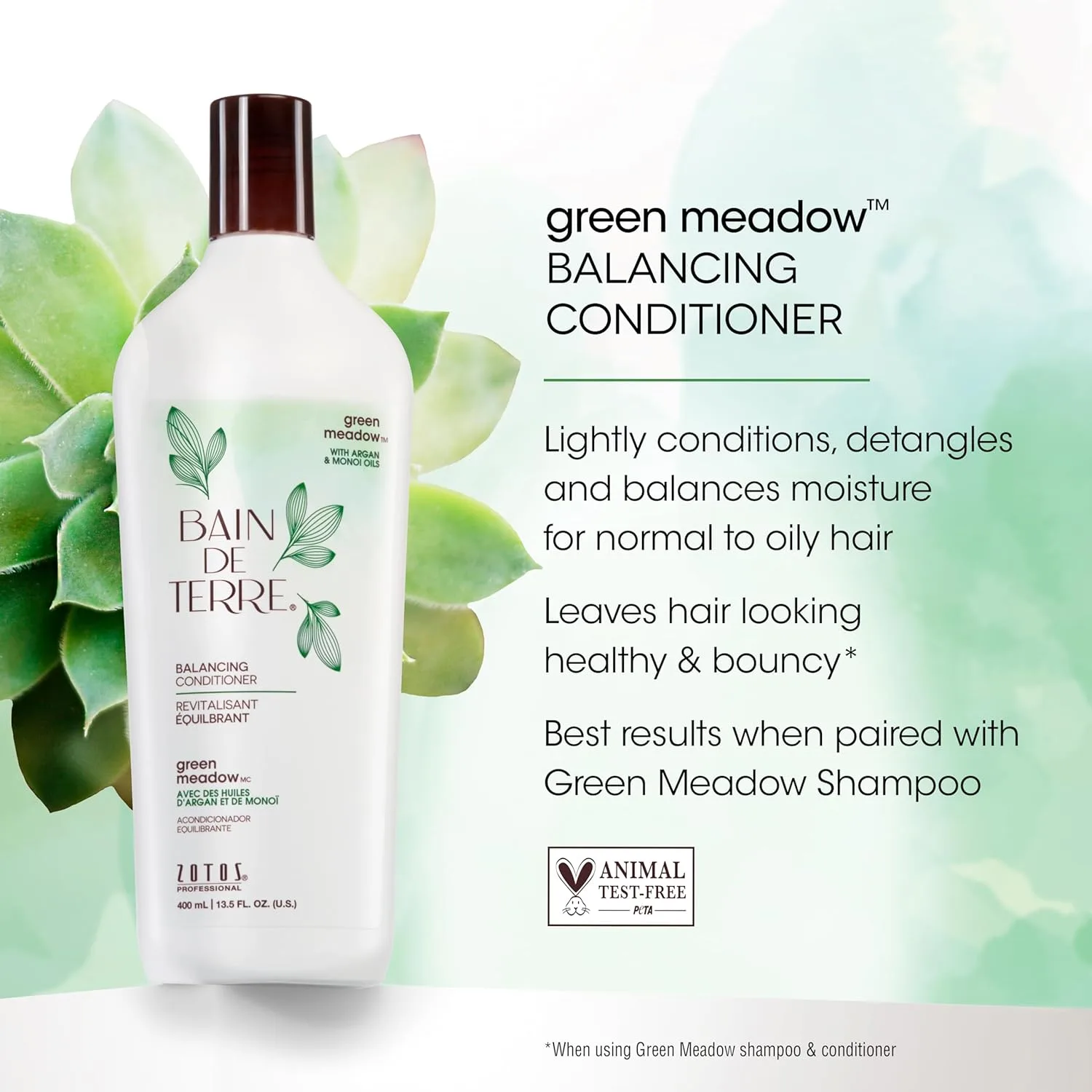 Кондиционер Bain de Terre Green Meadow Balancing для мягких, шелковистых и упругих волос с аргановым и монои маслами, без парабенов, для окрашенных волос, веганский (2 размера) 1000 мл (.) — фото 3