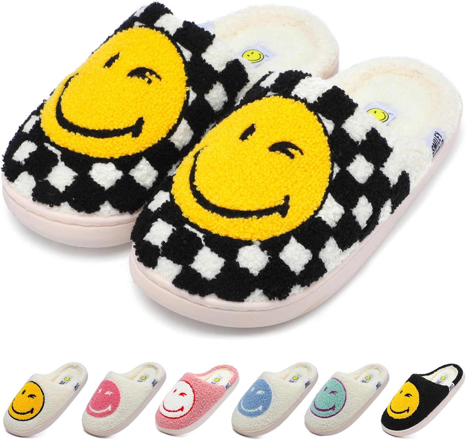 

Тапочки Wpecgoo с улыбающимся лицом для женщин и мужчин, мягкие плюшевые домашние тапочки, ретро-стиль, удобные слипоны, теплые зимние тапочки с эффектом памяти, пушистые для дома и улицы, белый