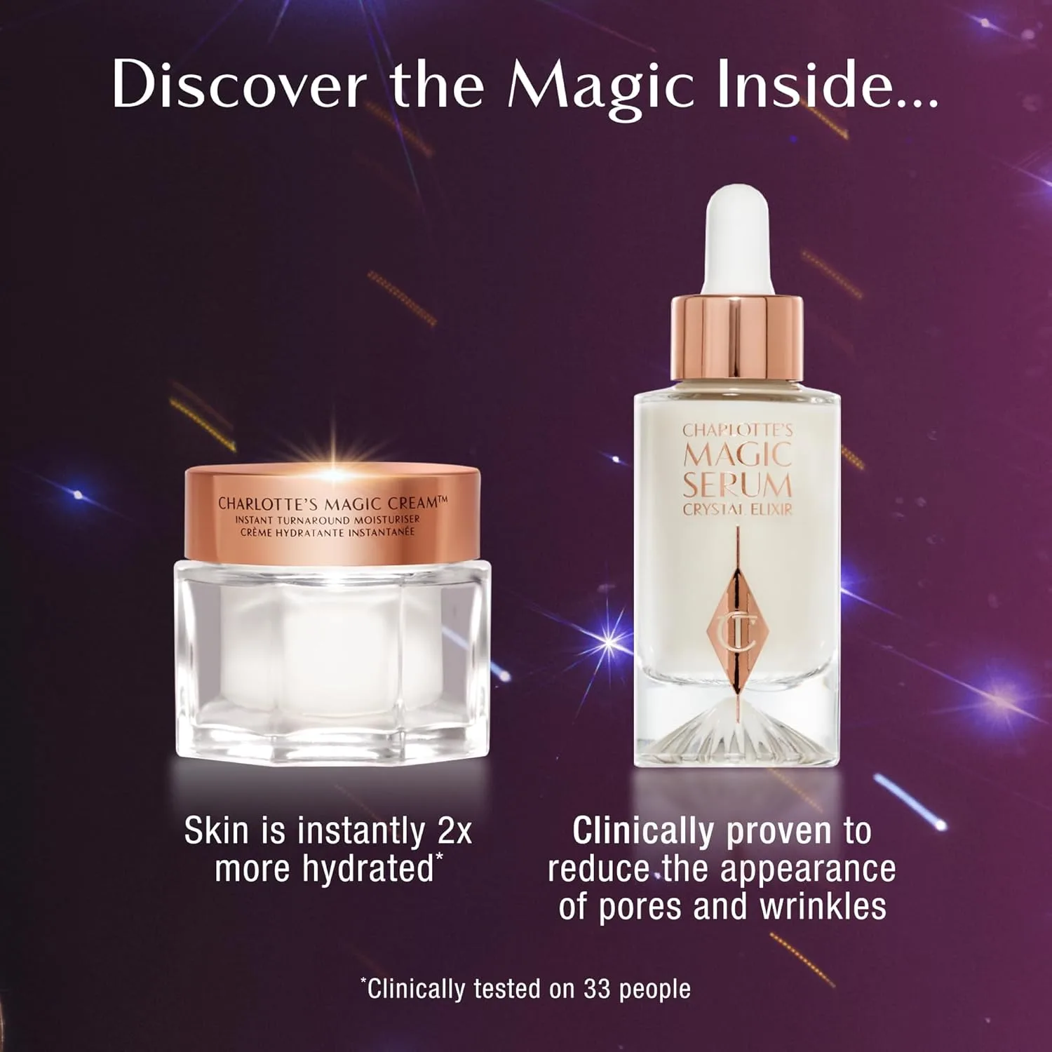 Набор Charlotte Tilbury Holiday Beauty - полноразмерные Charlotte's Magic Cream и Magic Serum, тени Golden Goddess Eyeshadow Quad и помада Icon Baby Lip Duo - полная коллекция для ухода и макияжа для сияния, pink — фото 2