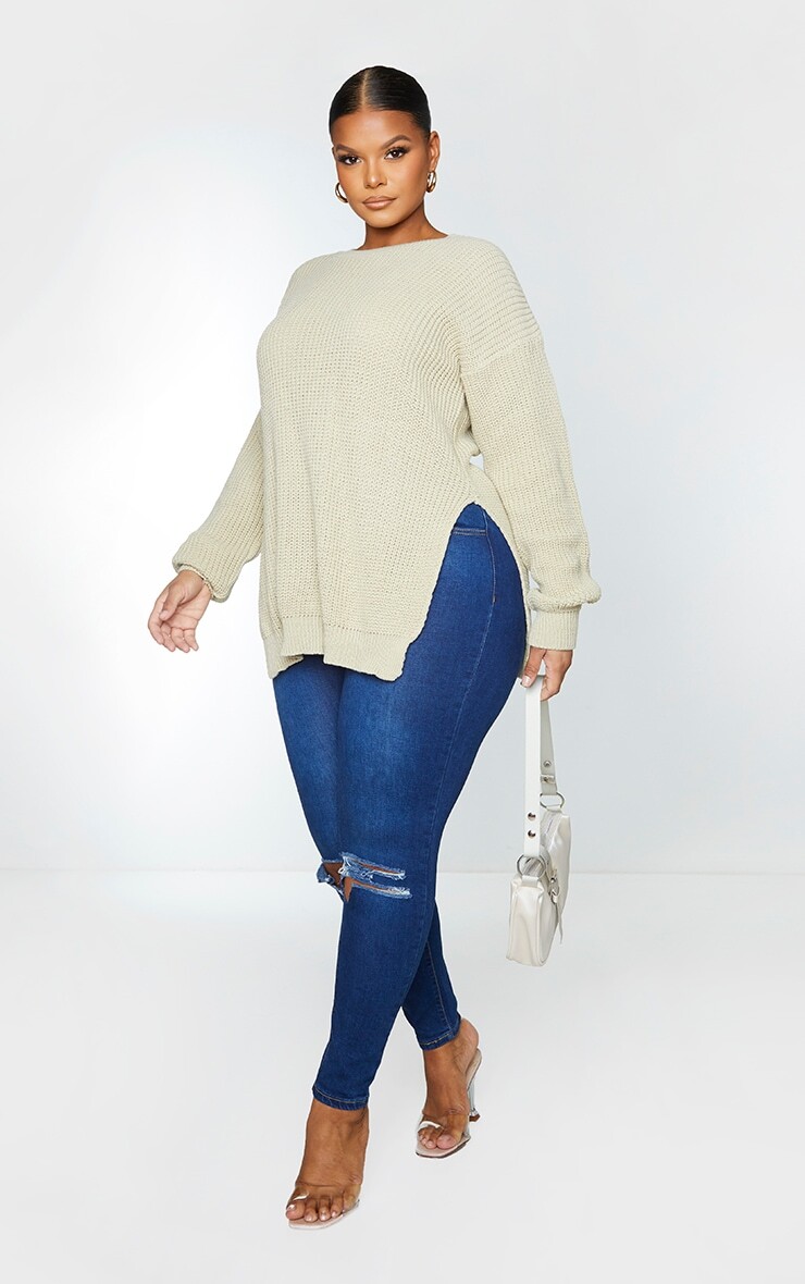 

PrettyLittleThing Джемпер Plus Stone с круглым вырезом и боковым разрезом