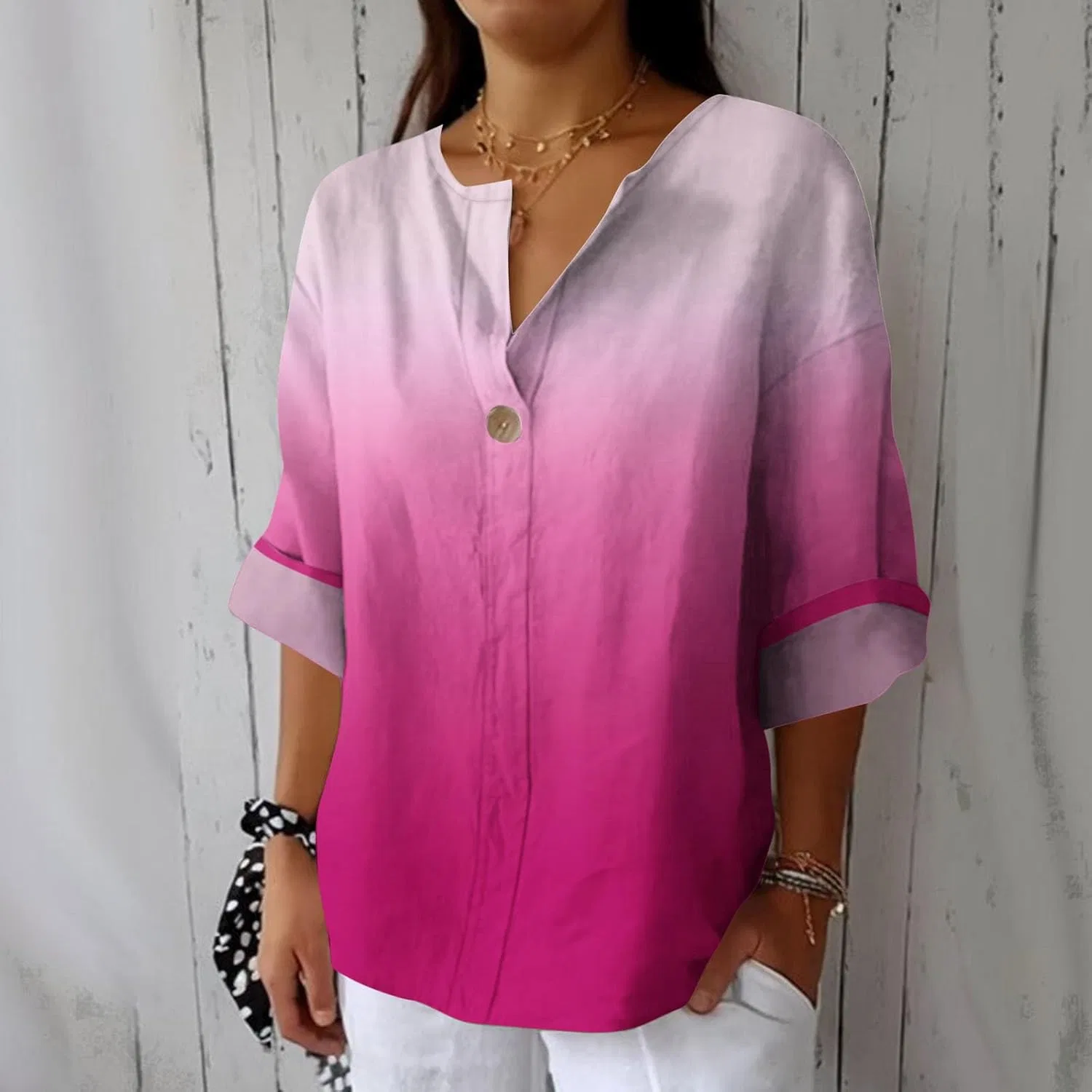 Блуза с V-образным вырезом, длинным рукавом, свободный крой, Hot Pink — фото 2
