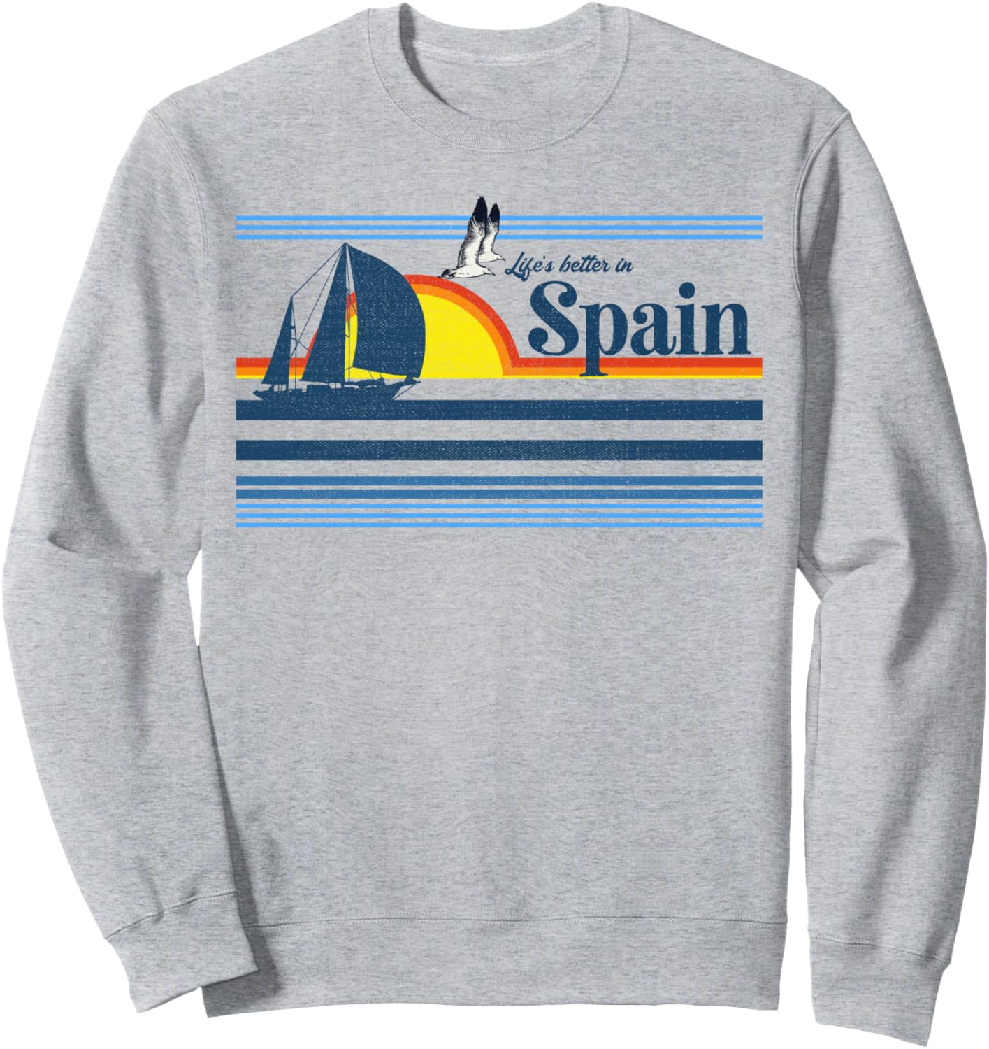 

Испания - Пляжный ретро 70-х 80-х 90-х, парусная лодка, закат, винтажная толстовка Beach Retro Travel Souvenir Sunset Vintage 70S 80S, серый