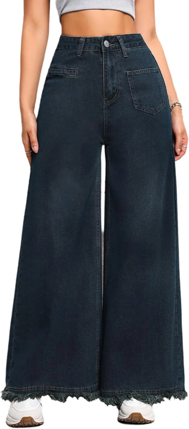 

Женские джинсы Vintage Baggy Wide Leg Casual Mid Rise Washed Distressed Raw Hem QLAUYIOE