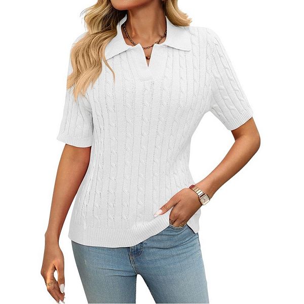 

Женский вязаный пуловер с V-образным вырезом и короткими рукавами Yesfashion, White