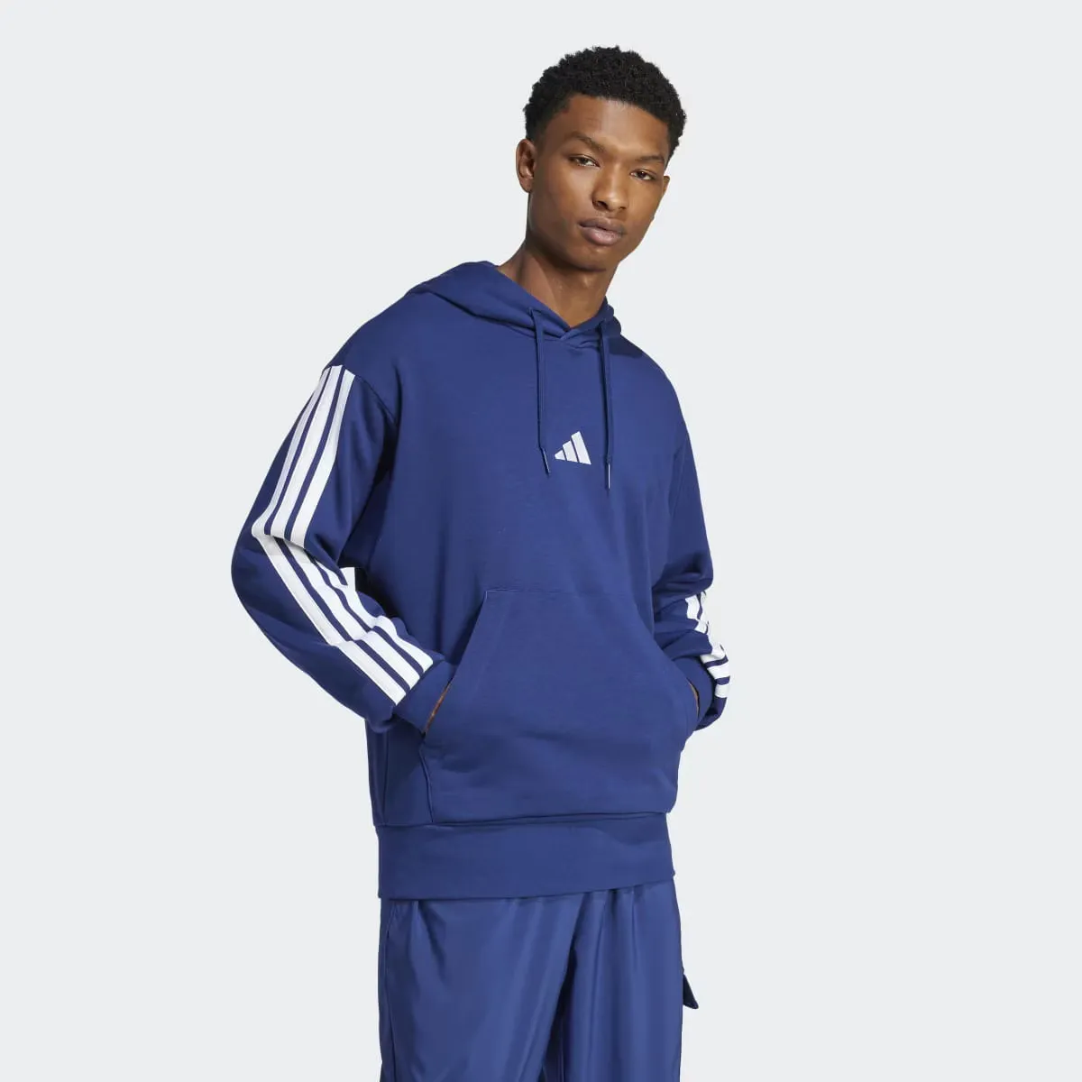 Men's Essentials Французская махровость 3 полоски Adidas Толстовка с капюшоном, синий — фото 4