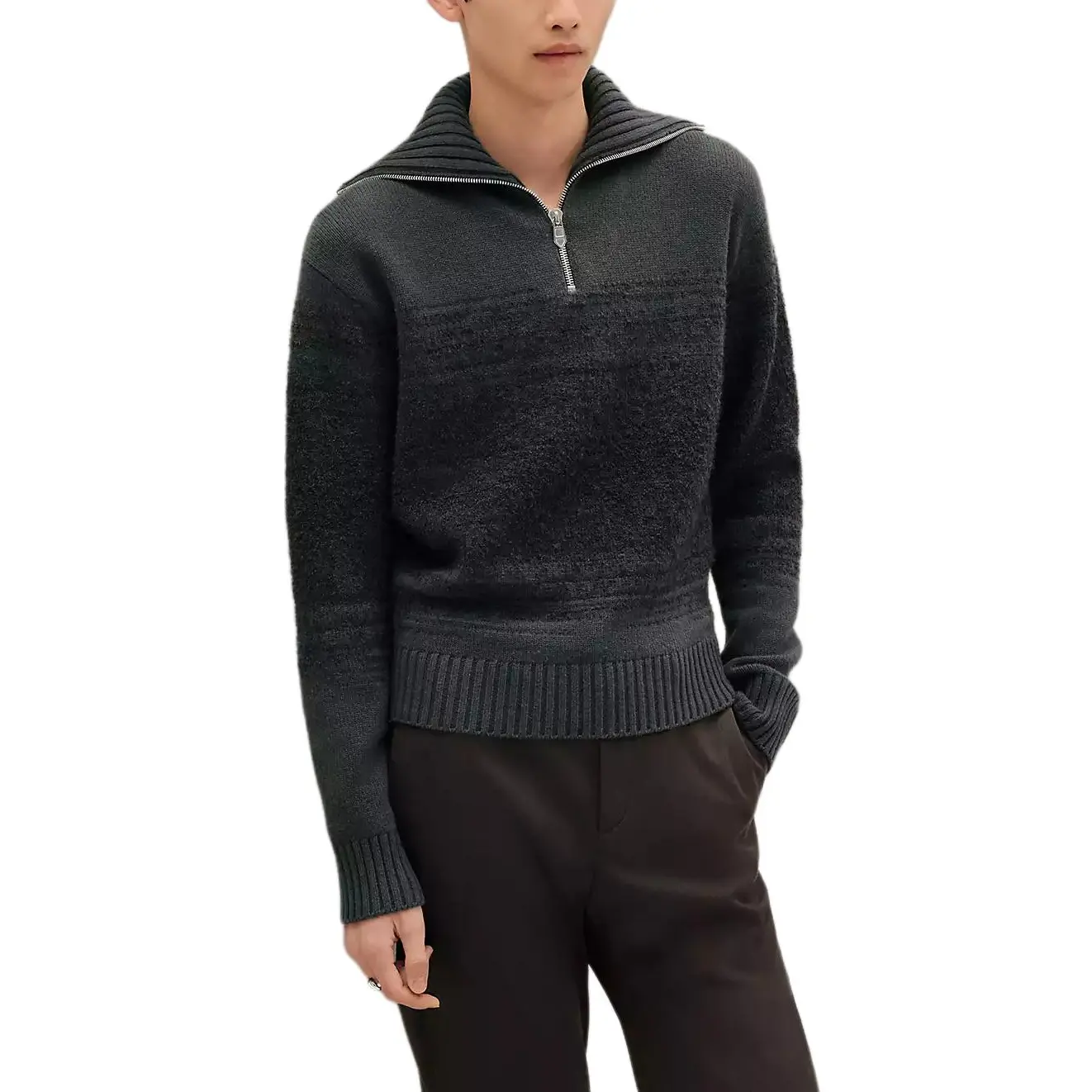 

HERMES Кашемировый свитер мужской темно-серый с полуоткрытым воротником Moderate