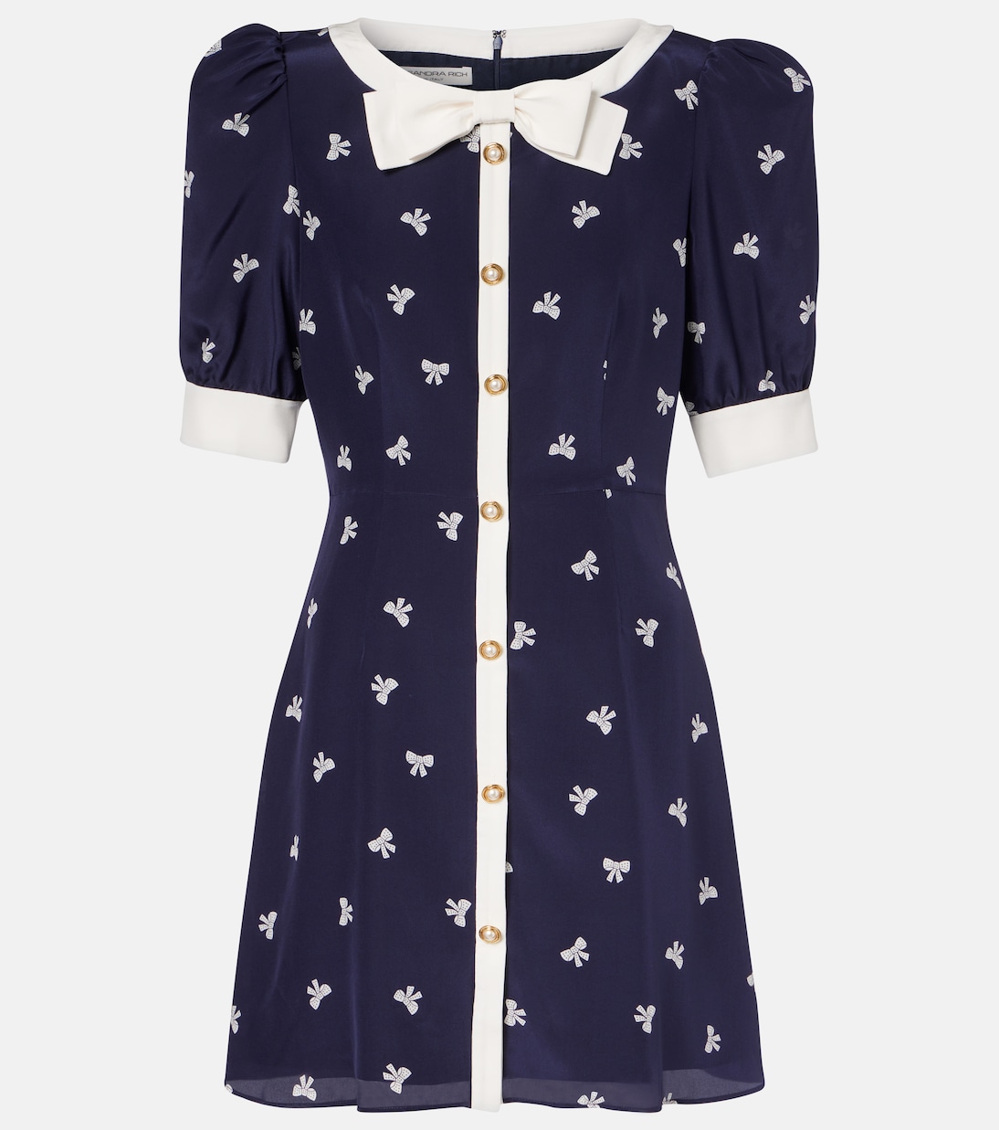 

Мини-платье из шелка в горошек с бантом Alessandra Rich, Navy Blue-White