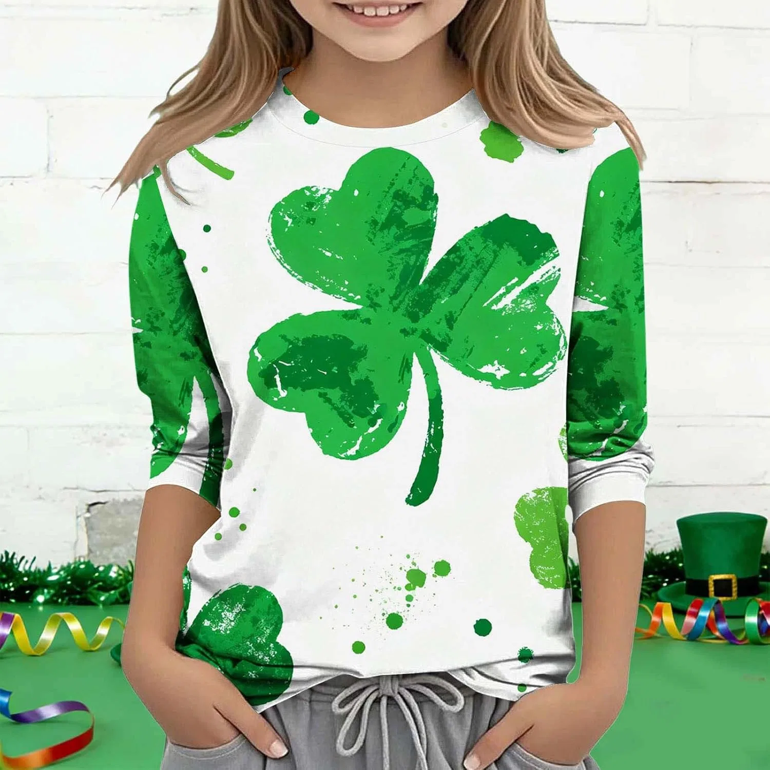Детская футболка с принтом Shamrock, Zzalalana, 3/4 рукава, Green7 — фото 3