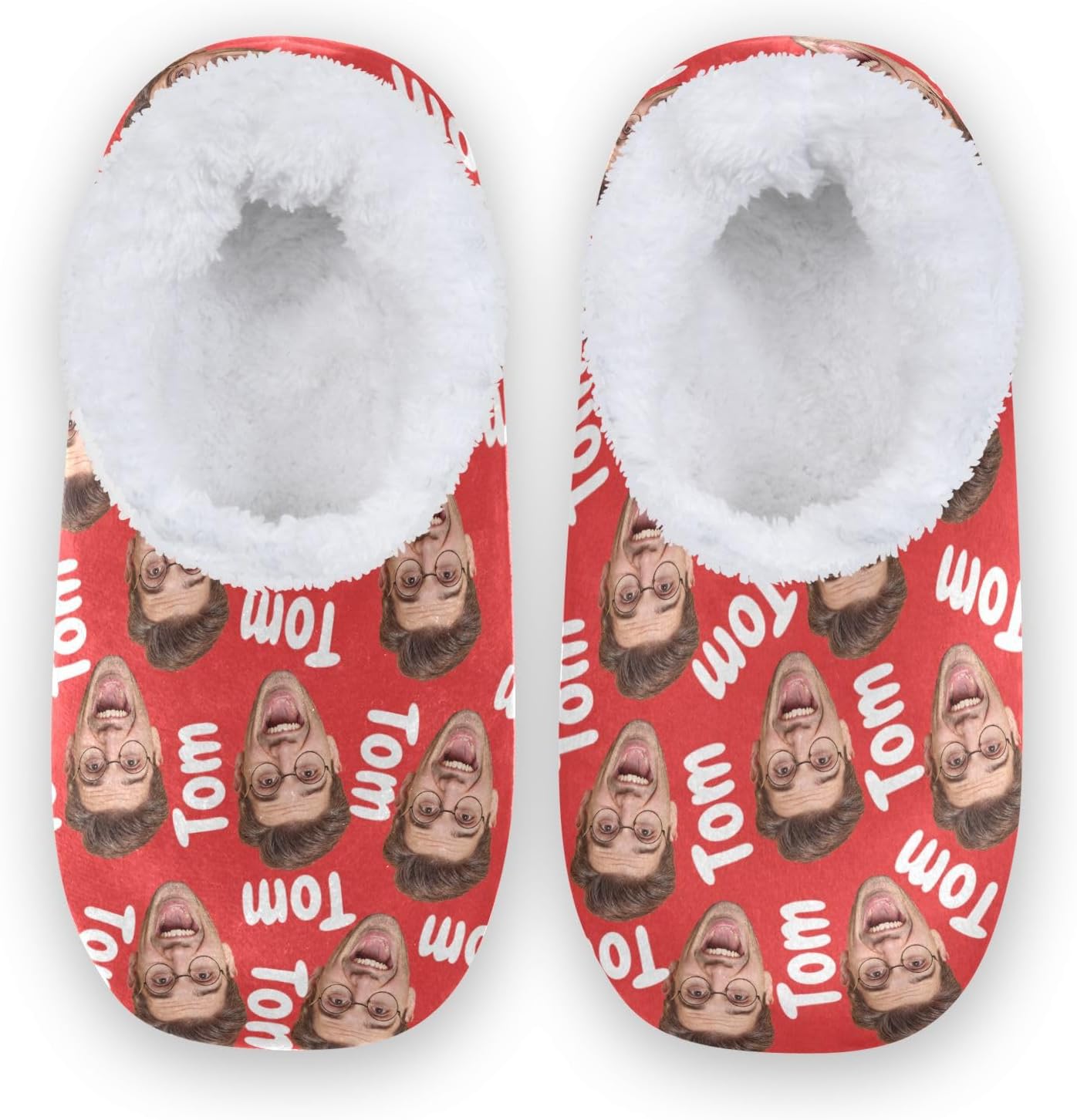 

Женские и мужские домашние тапочки с закрытой пяткой из мягкой памяти, с вязкой, подкладкой из флиса, с фото лица и текстом, теплые носки для отеля, дома и улицы Innewgogo, красный