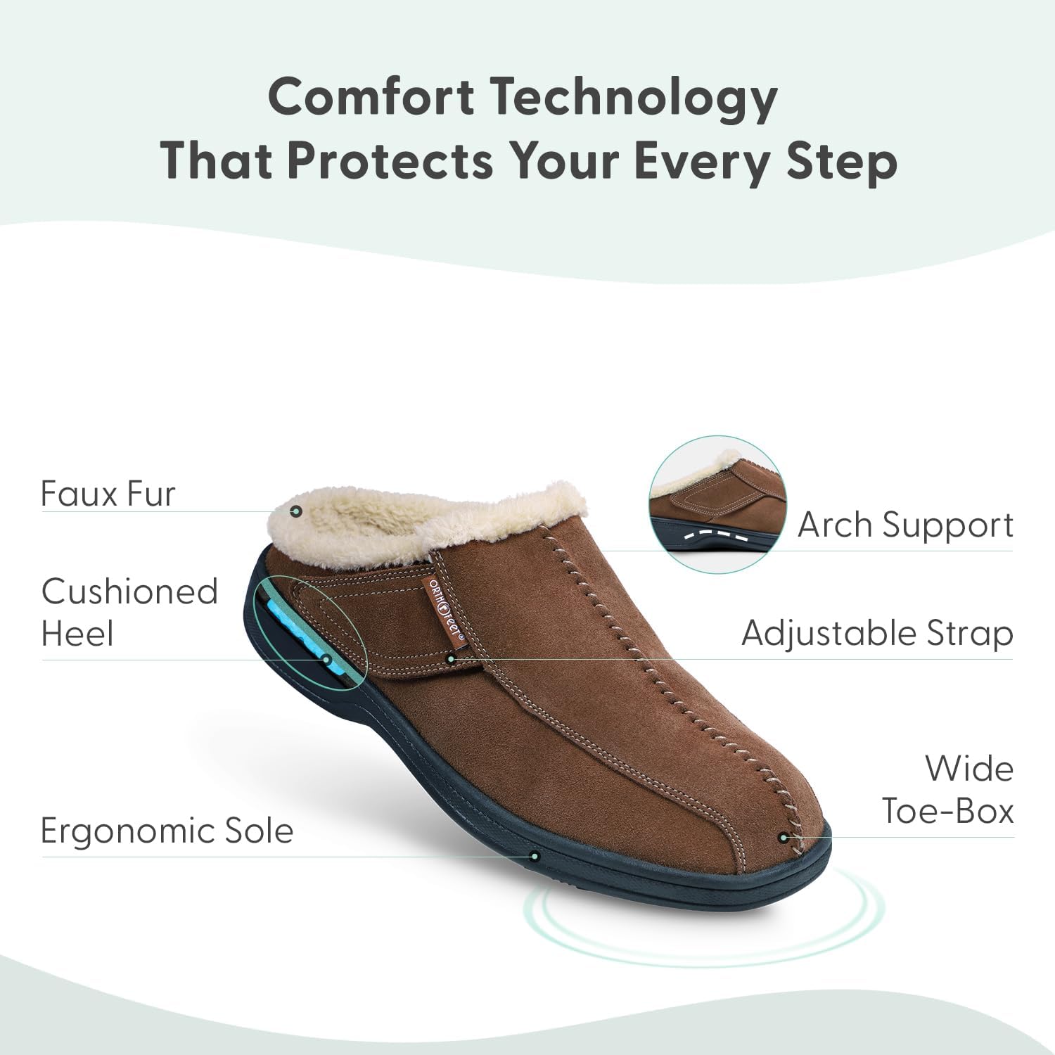 Мужские ортопедические сабо-тапочки Orthofeet с поддержкой свода стопы Asheville, коричневый — фото 3