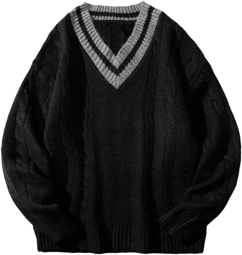 

Мужской зимний вязаный свитер оверсайз V-образный вырез в полоску