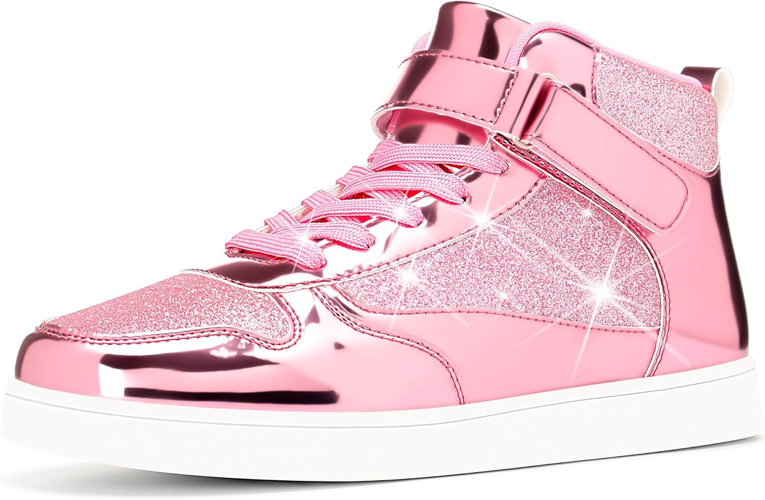 

Высокие кроссовки APTESOL для мужчин и женщин с зеркальной металлической отделкой, блестками и регулируемым ремешком, унисекс, стильная обувь для прогулок, повседневного и праздничного ношения, розовый