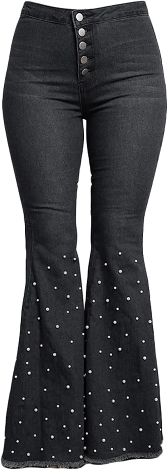 

Andongnywell женские модные джинсы Curvy Bling Skinny с высокой талией, вышивкой и жемчужными заклепками