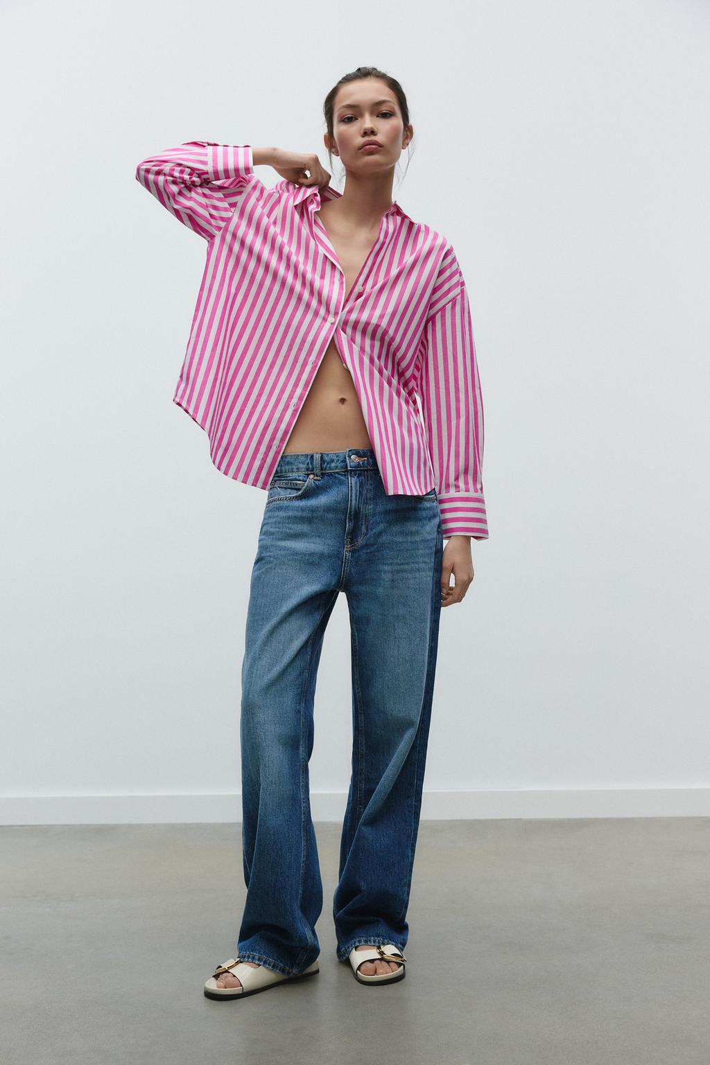 

Полосатая поплиновая рубашка ZARA, цвет White/Pink