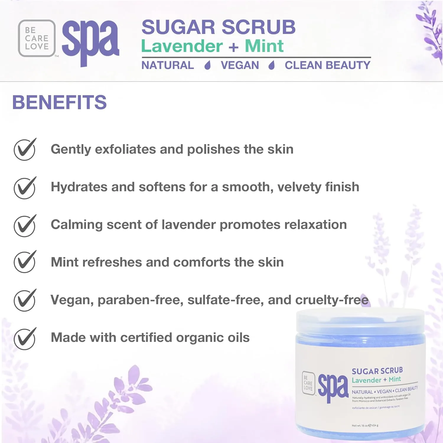 BCL Spa Calming Lavender Mint Sugar Scrub - Профессиональный успокаивающий скраб для тела для расслабления, успокоения, ухода за собой, ароматерапии, увлажняющий эксфолиант, произведено в США, 450 мл 453.60 г (1 шт.) — фото 3