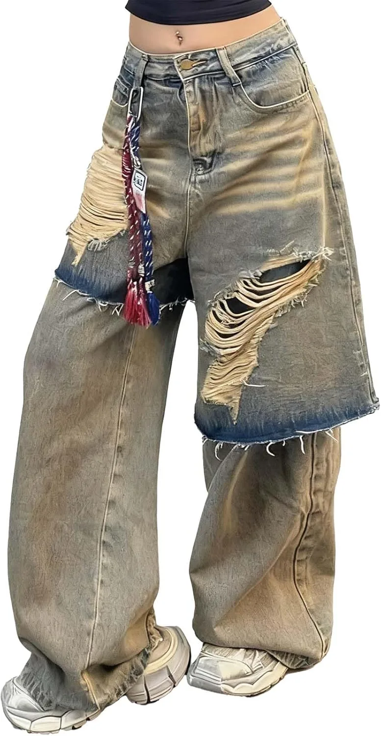 

Багги джинсы для женщин и мужчин Y2K с рваным эффектом и дизайном fake two-piece LUUTWAL