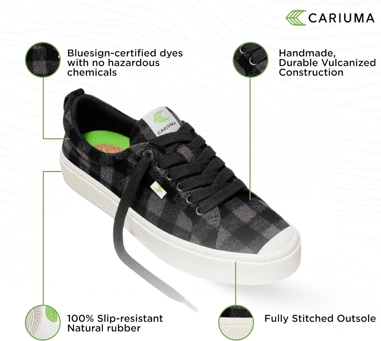 Кроссовки Cariuma OCA Low Plaid, удобная мужская обувь, легкая и экологичная, универсальная повседневная обувь со 100% веганской стелькой, резиновая подошва, черный — фото 4
