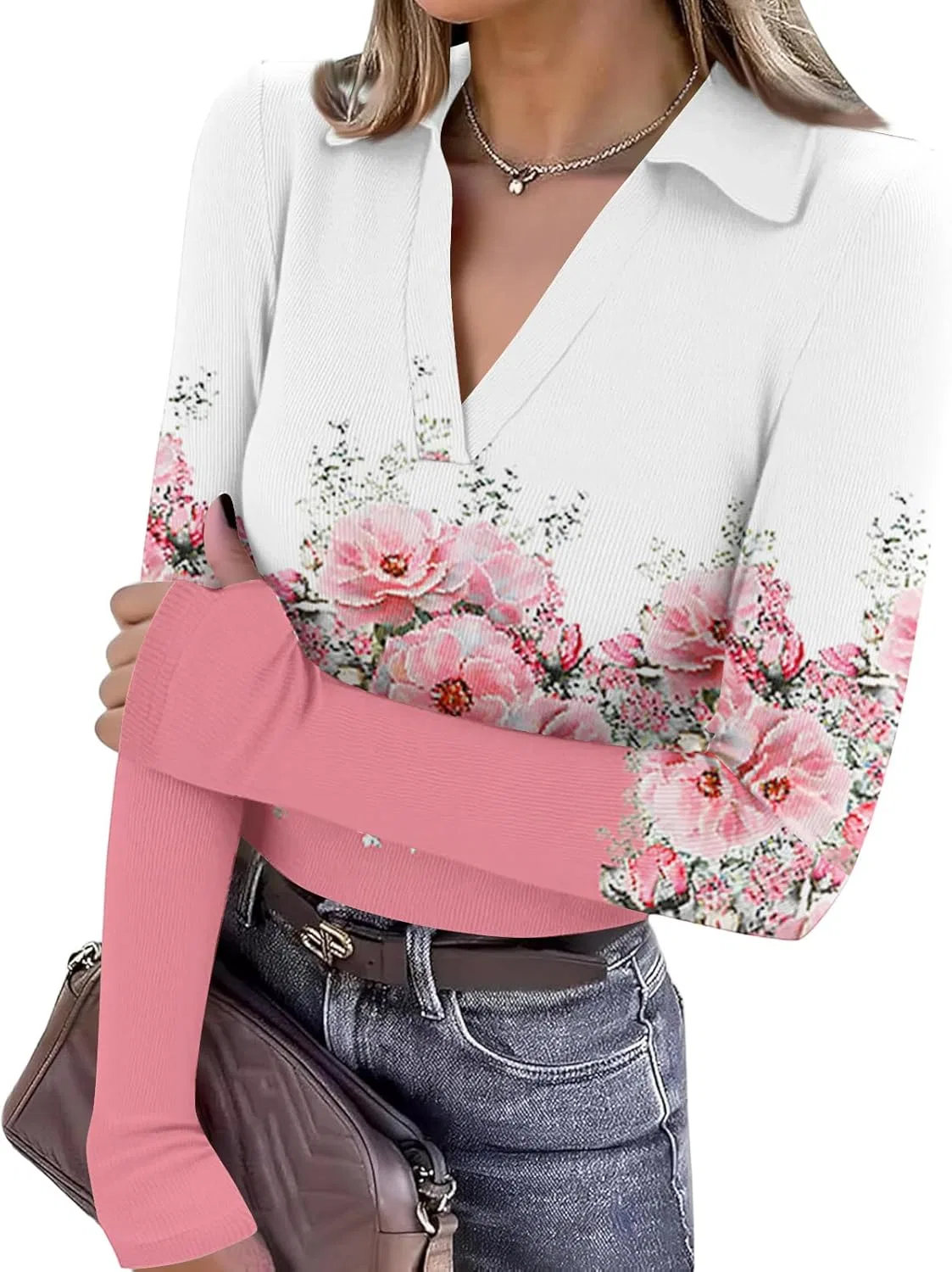 Женская футболка с длинным рукавом, V-образным вырезом, Slim Fit, 2-light Pink
