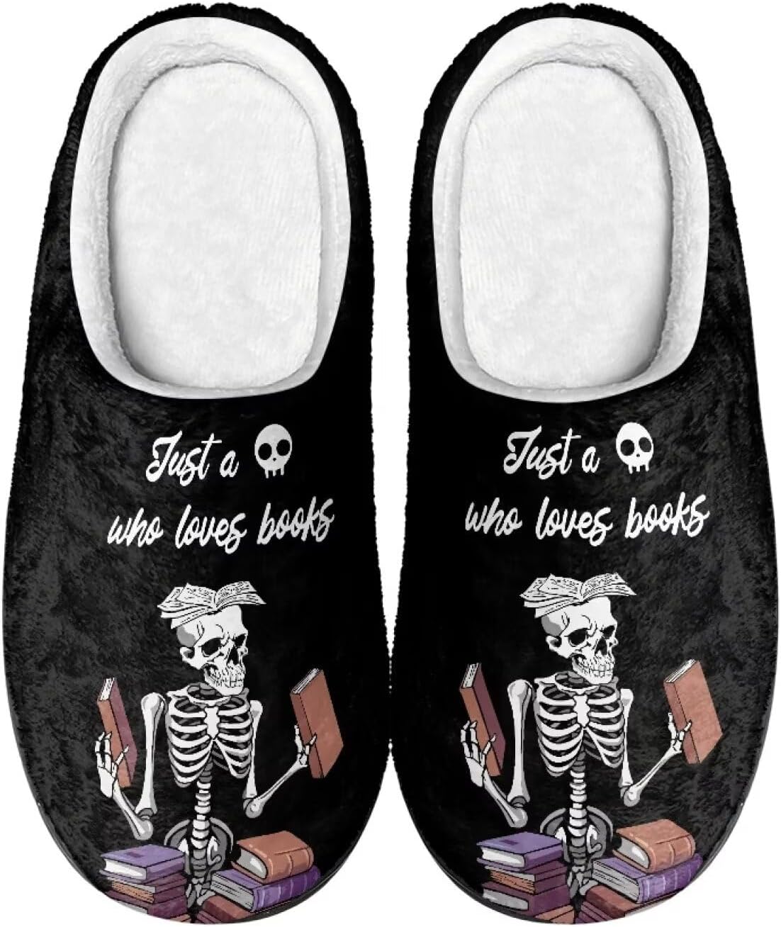

Теплые мягкие плюшевые домашние тапочки Qoiuvncy Men Winter с черепом, мягкие, удобные, нескользящие, теплые, пушистые, плоские, размер US2-12, Skeleton Books
