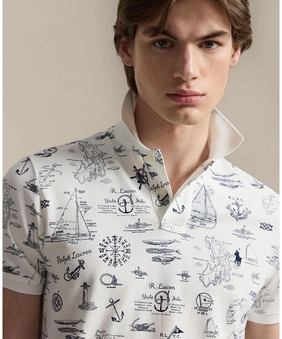 Мужская приталенная рубашка-поло в морском стиле из сетчатой ткани Polo Ralph Lauren, белый — фото 3