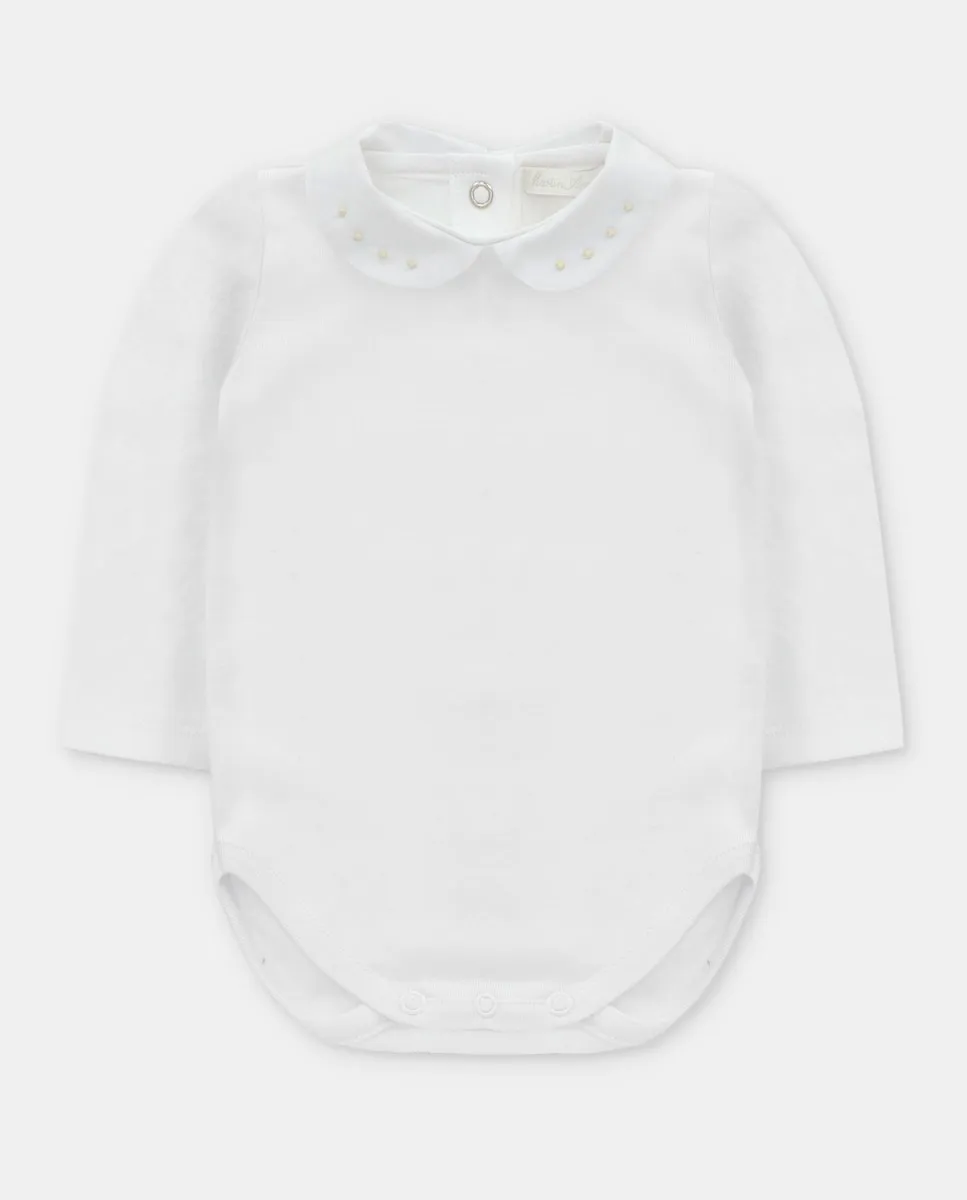 

Боди для младенца из интерлока белого цвета с воротником-ребенком, вышитым песочного цвета Martín Aranda