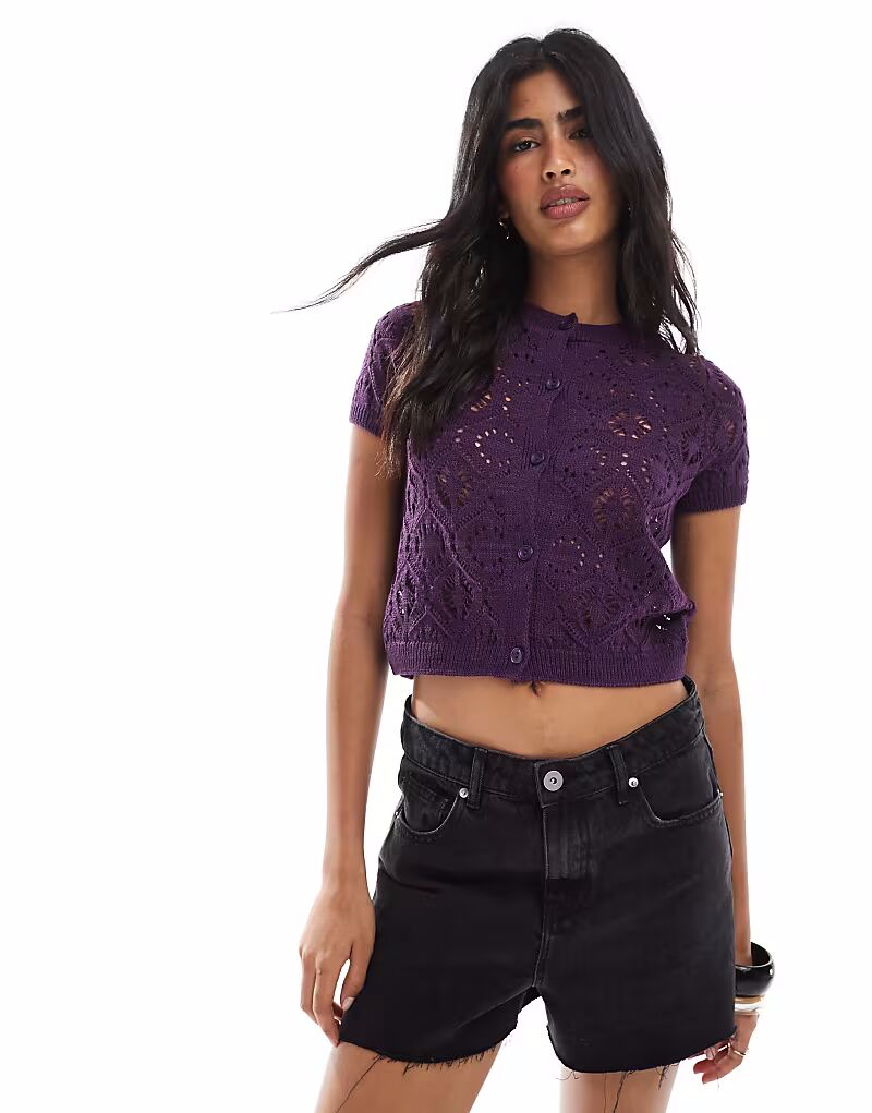 

Вязаный крючком кардиган с короткими рукавами-фонариками сливового цвета Miss Selfridge