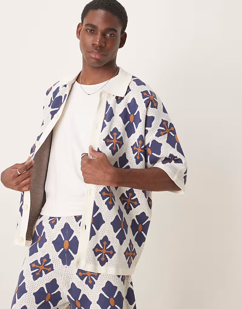 

Свободный трикотажный поло на пуговицах с ацтекским узором синего цвета Asos Design, Синий, Свободный трикотажный поло на пуговицах с ацтекским узором синего цвета Asos Design