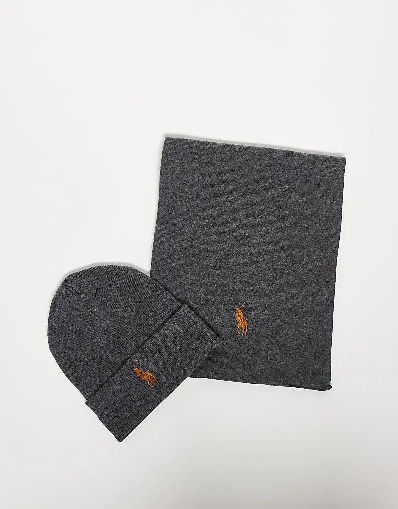 

Комплект из хлопковой вязаной шапки и шарфа с логотипом Polo Ralph Lauren темно-серого меланжевого цвета