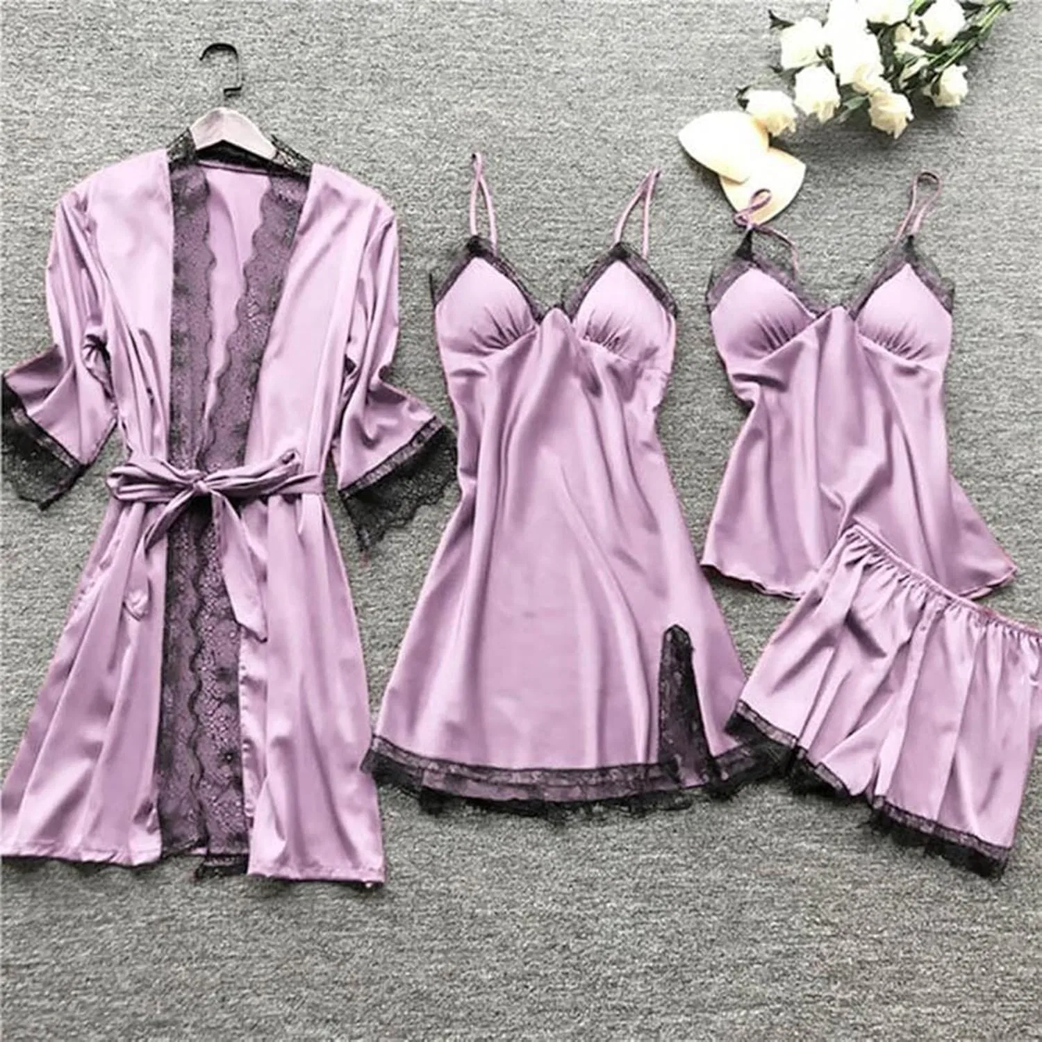 Комплект пижамы, кружевной, Silk Satin, светло-фиолетовый — фото 2