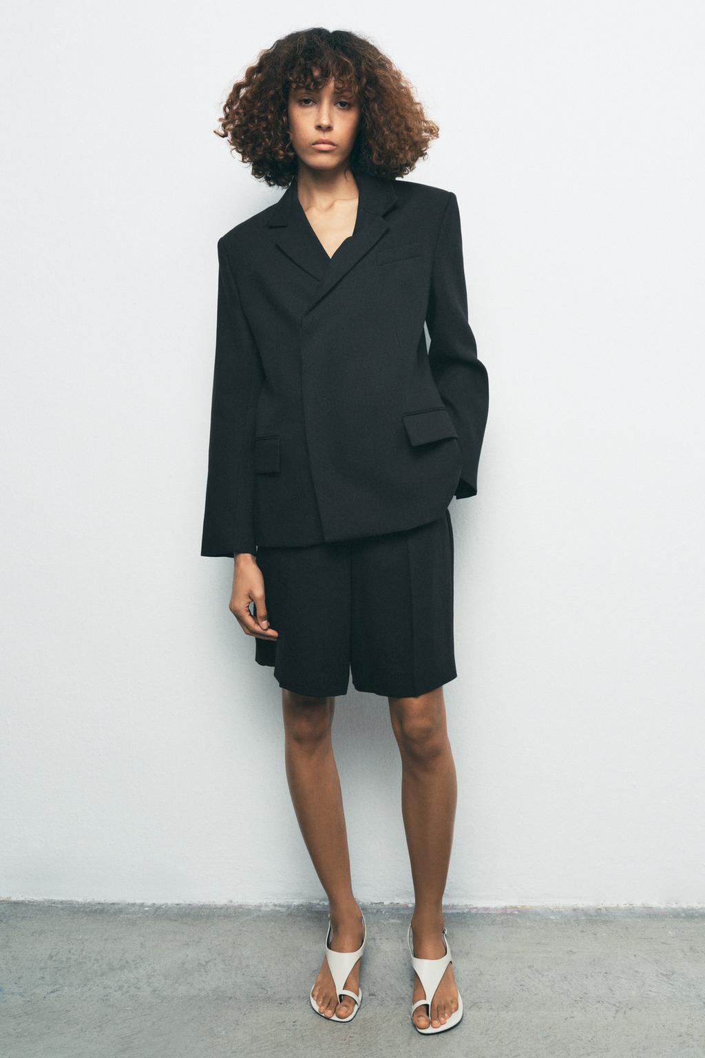 

Двубортный блейзер из льняной ткани zw collection ZARA, черный
