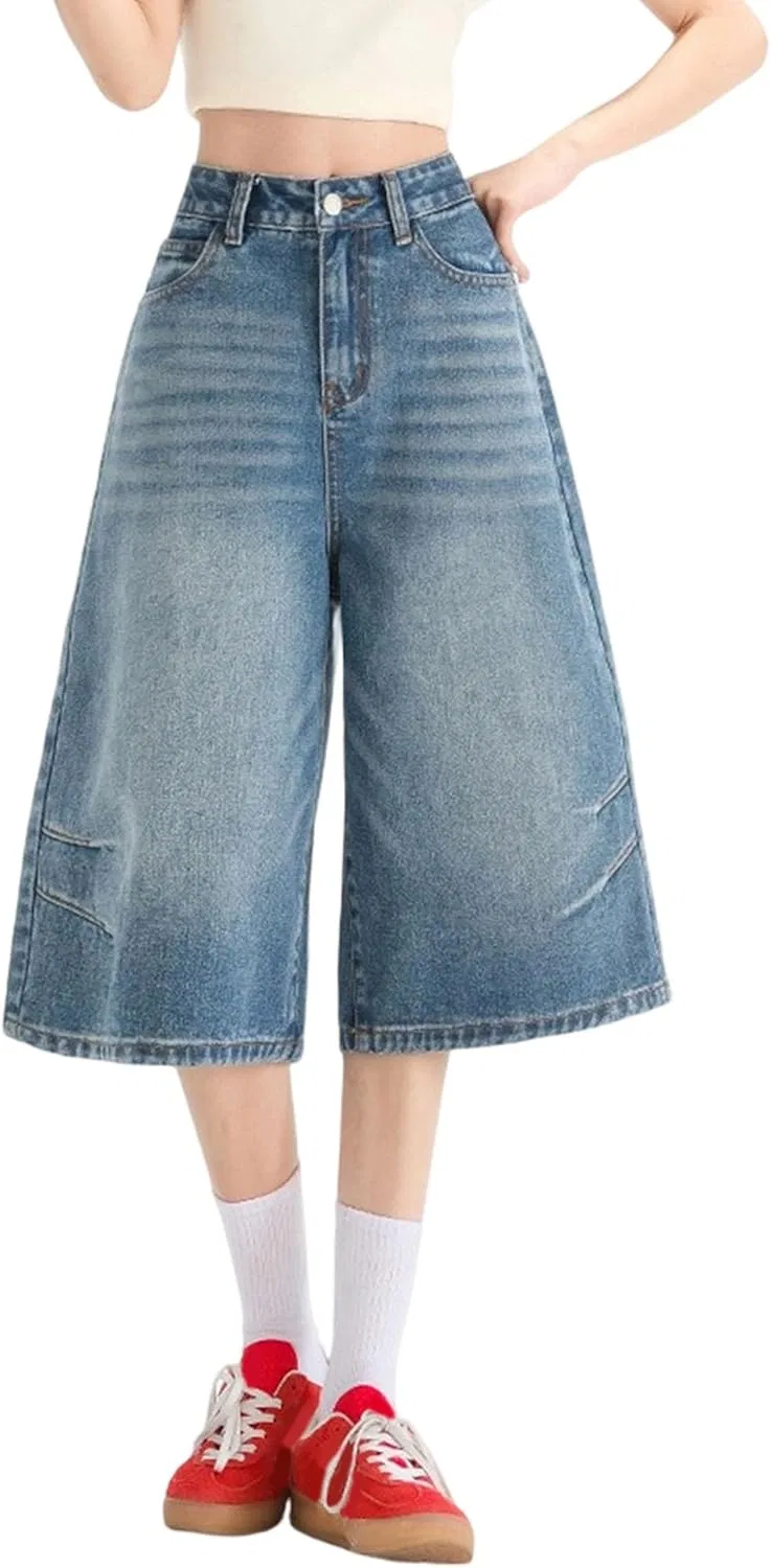 Джинсы капри с завышенной талией, Wide Leg, Blue
