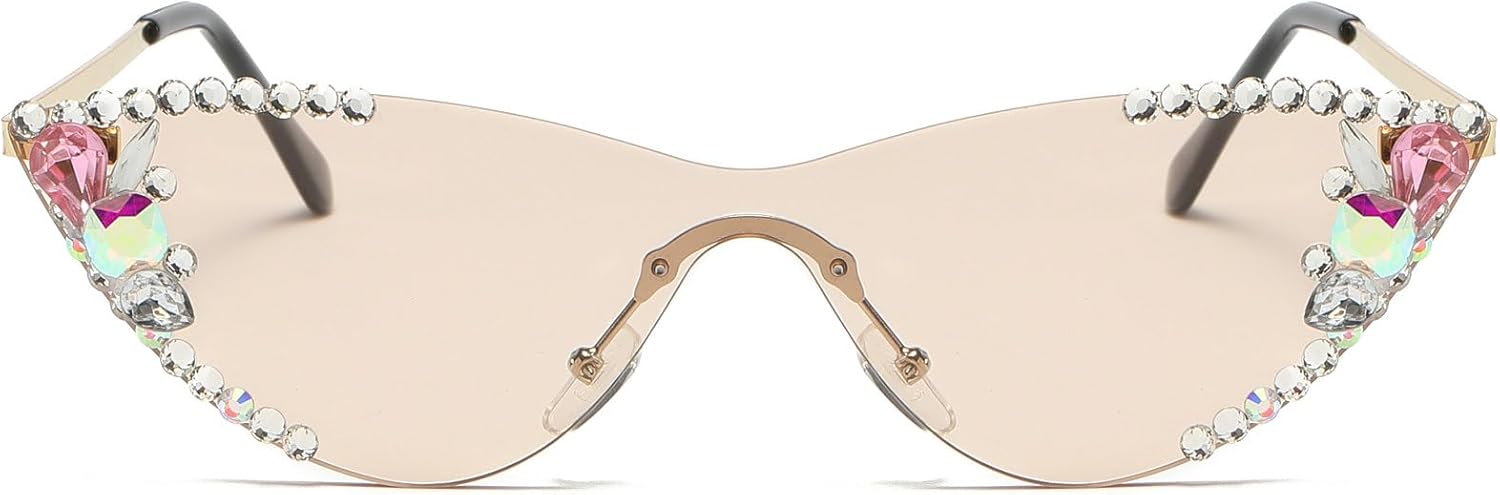 

Винтажные солнцезащитные очки без оправы со стразами для женщин, модные очки с градиентными линзами в форме «кошачьего глаза», блестящие бриллиантовые очки для женщин mincl, Champagne