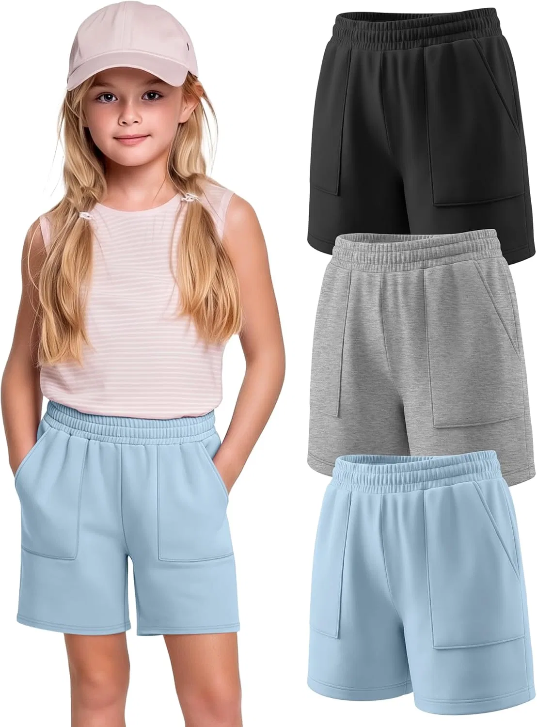 Детские шорты 3 шт, спортивные, на резинке, с карманами, Light Blue, Light Heather Gray, Black