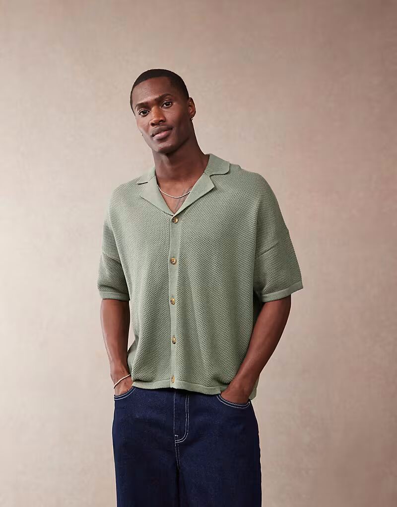 

ASOS DESIGN свободный крой трикотажная фактура реверсивный воротник поло на пуговицах зеленого цвета