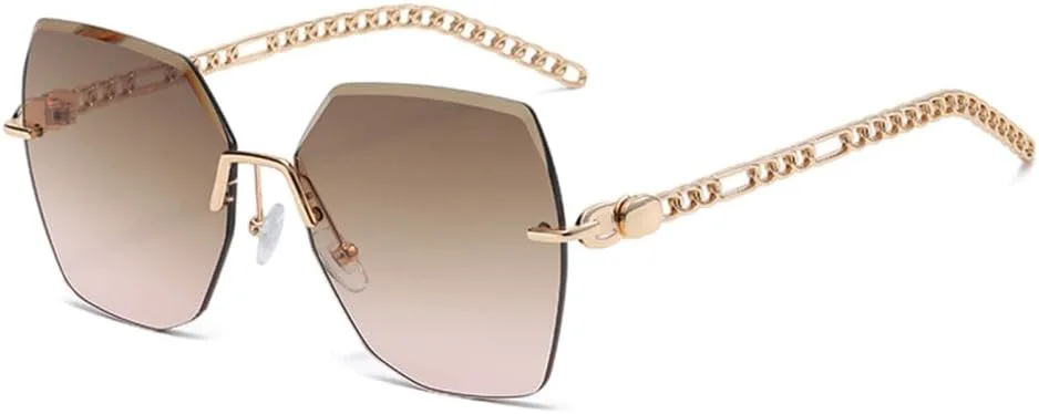 

Женские солнцезащитные очки без оправы 2027 года, оправа с цепочкой, модные винтажные очки большого размера, защита от ультрафиолета UV400 MTZJH, Brown Pink