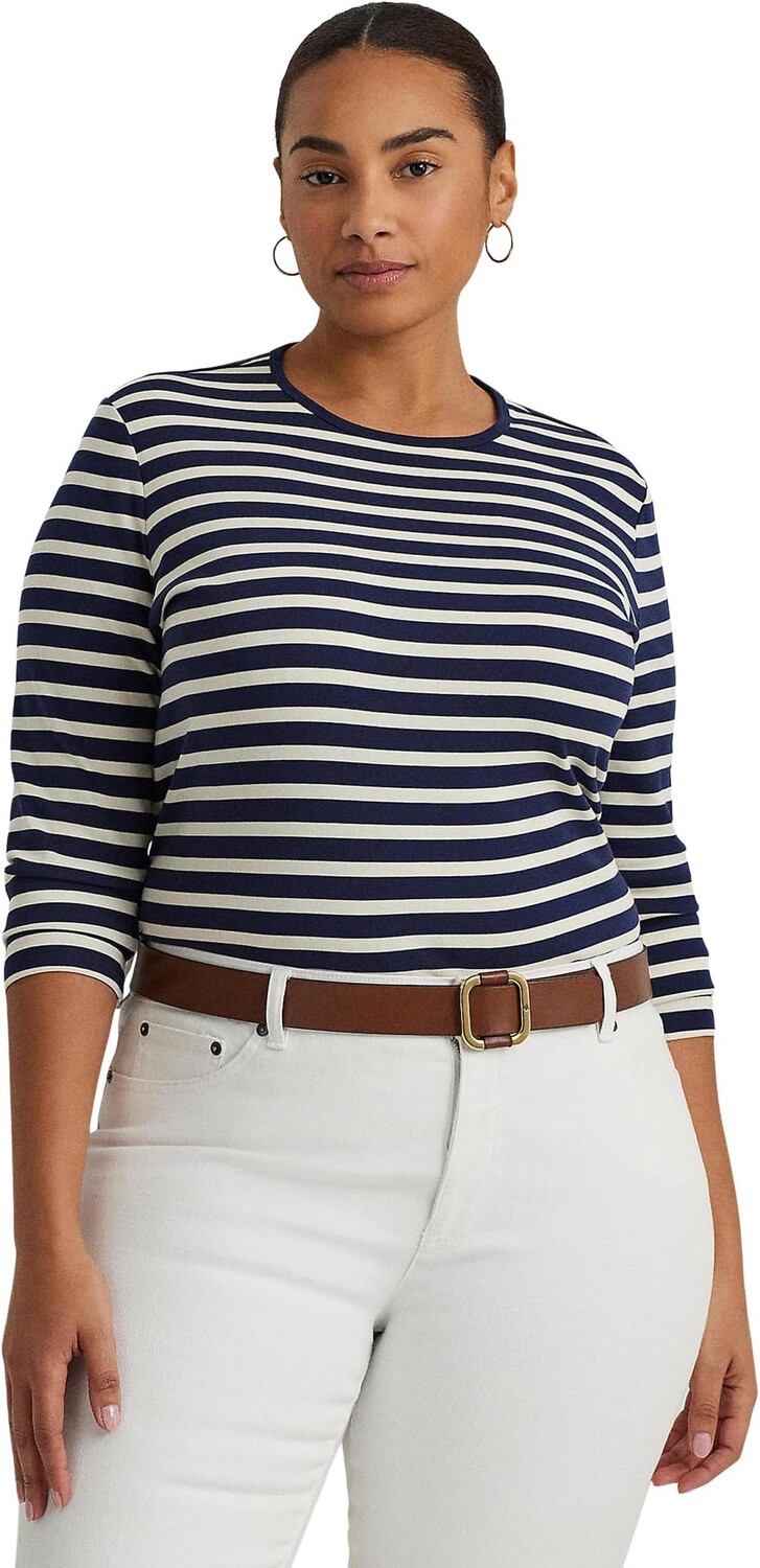 

Футболка LAUREN Ralph Lauren Plus-Size Striped Cotton Long-Sleeve Tee, цвет Refined Navy/Mascarpone Cream