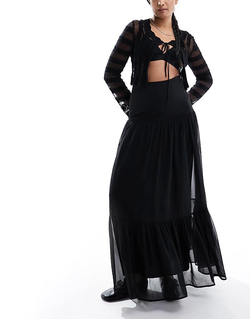 

ASOS DESIGN – Черная многоярусная широкая юбка макси прерии