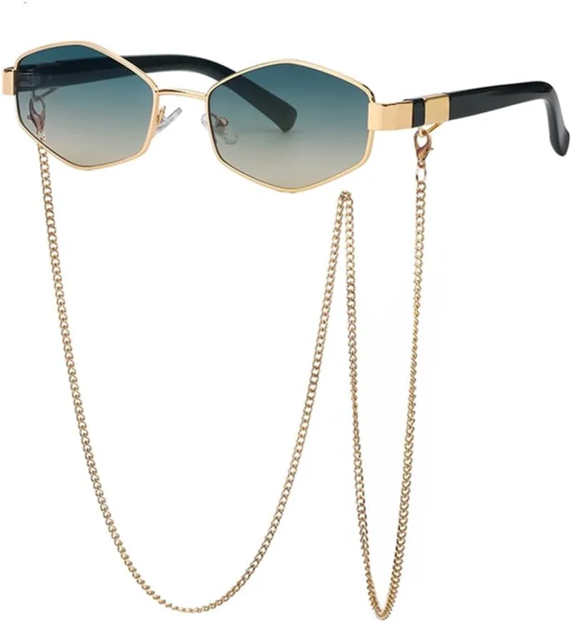 

Ретро-солнцезащитные очки в форме шестиугольника с цепочкой для женщин, многоугольные солнцезащитные очки для женщин, маленькая оправа MTZJH, Green Yellow