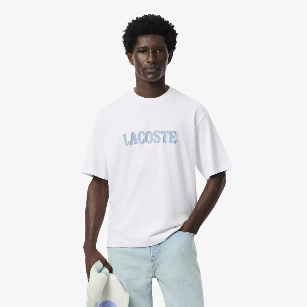 Мужская футболка Lacoste Holiday с графическим леттерингом, свободный крой, белая