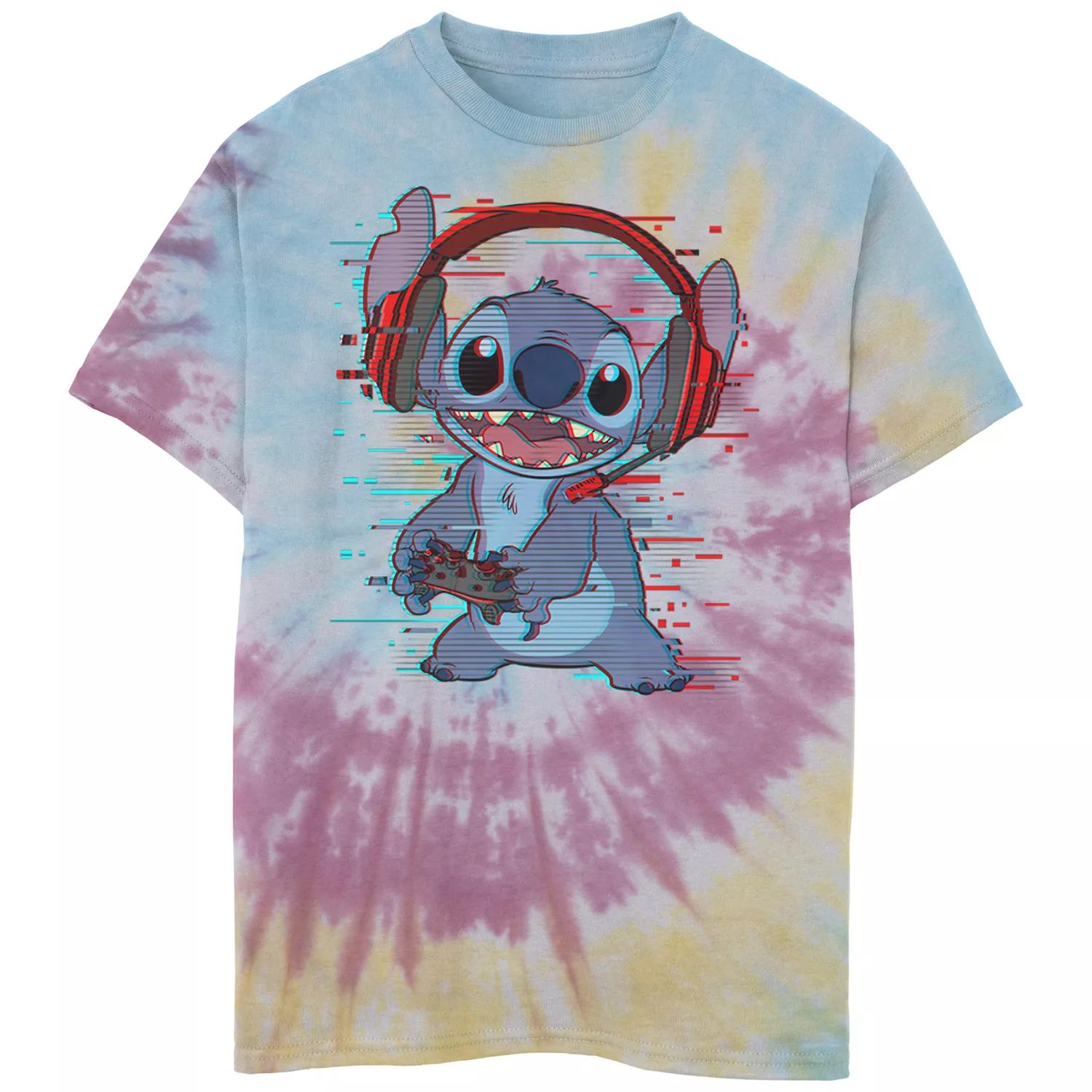 

Футболка Tie Dye с гарнитурой и контроллером Disney's Lilo & Stitch для мальчиков 8–20 лет Gamer Glitch Licensed Character