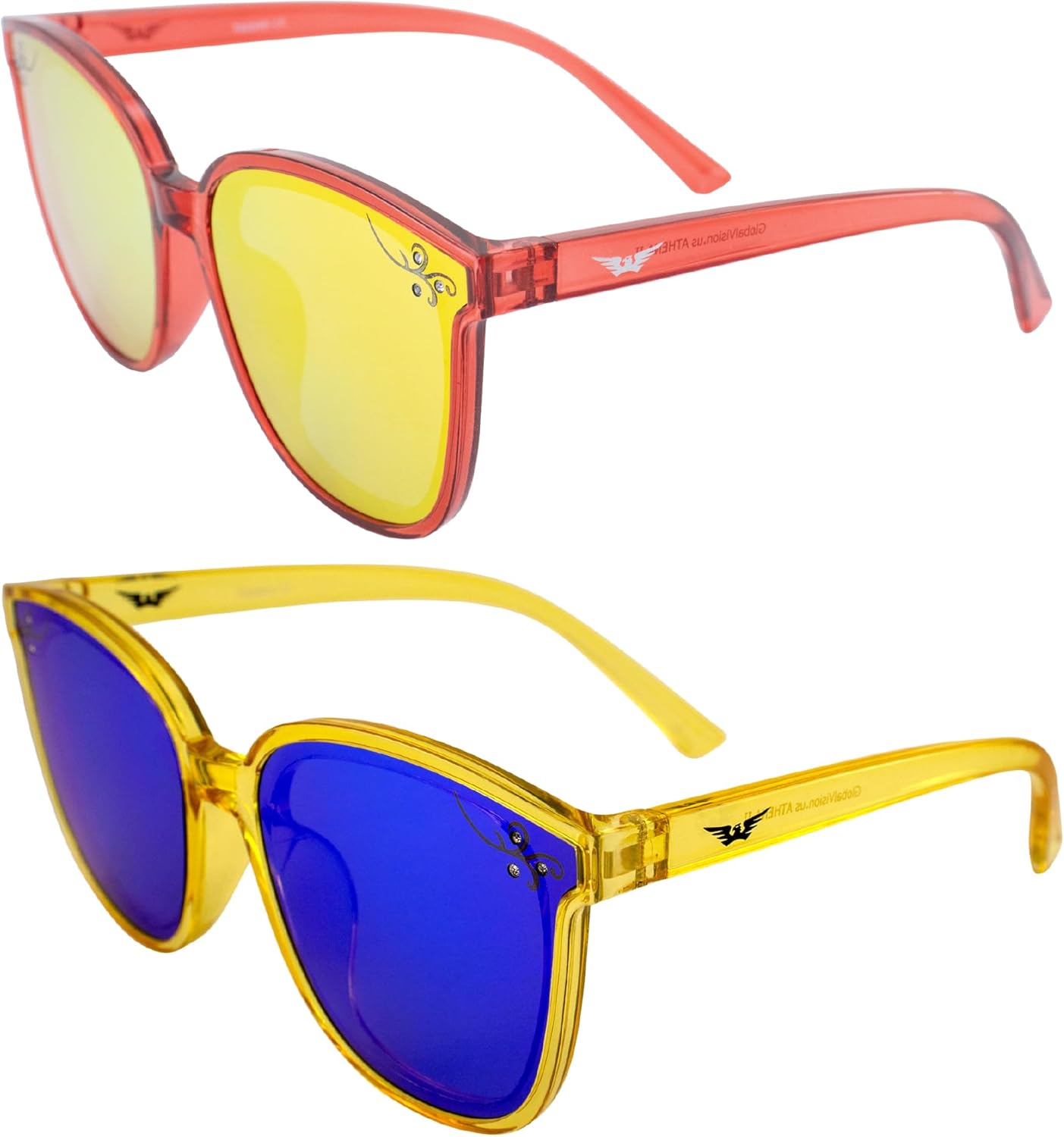 

Женские модные солнцезащитные очки Global Vision Eyewear Athena II, 2 пары: кристально-красные с красными зеркальными линзами и кристально-желтые с синими зеркальными линзами, Red-red/Yellow-blue
