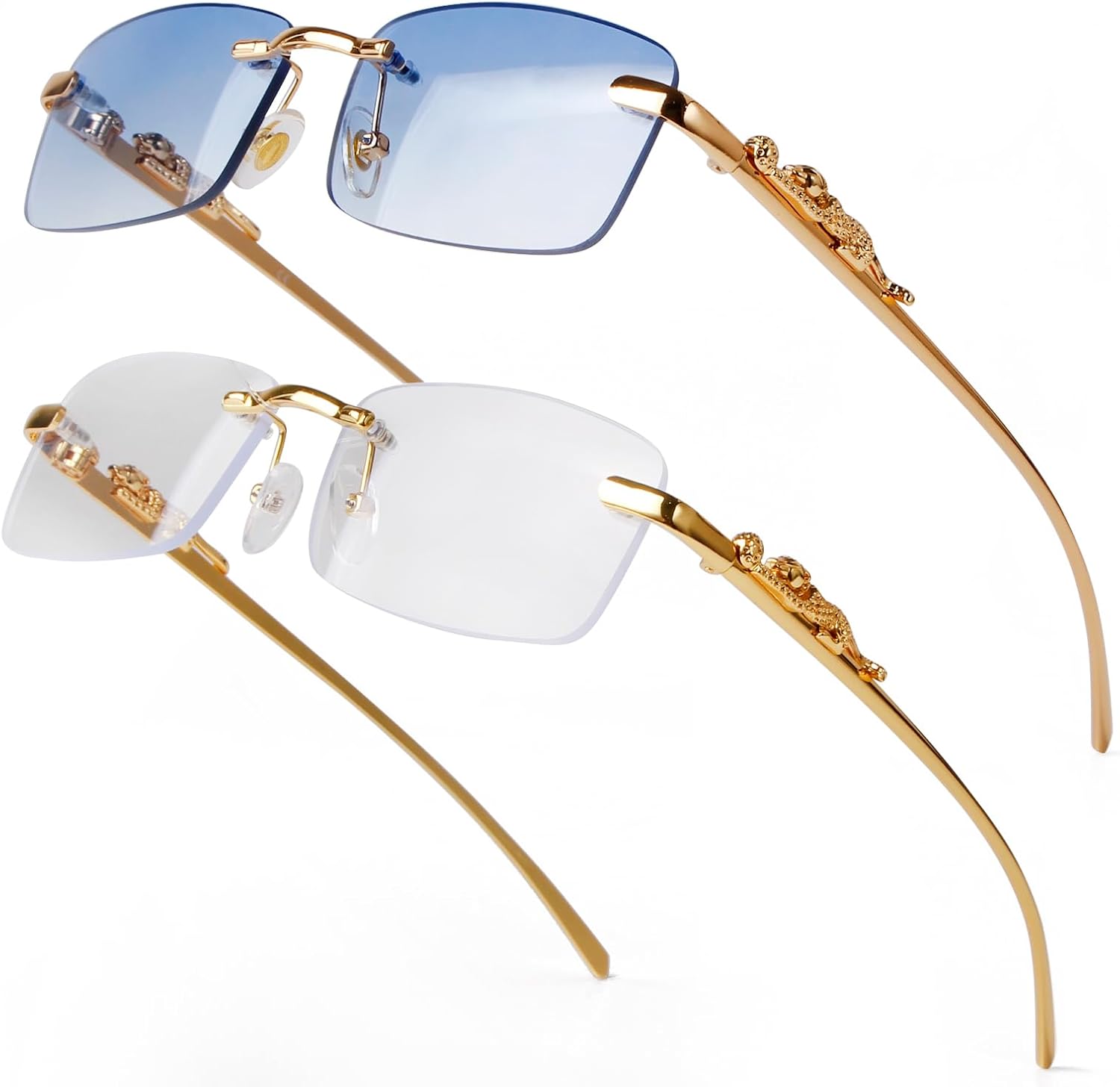 

Винтажные прямоугольные солнцезащитные очки без оправы для женщин и мужчин, модные квадратные солнцезащитные очки без оправы из золотистого металла, прозрачные очки piscm, 2 Pack (Gold/Clear+gold/Blue)